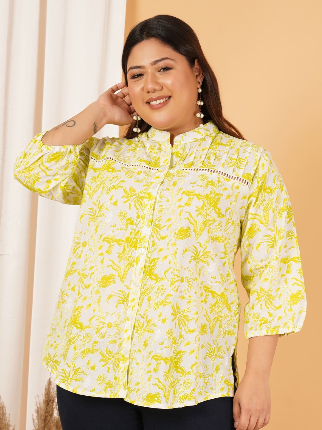 

Indietoga Mandarin Collar Printed Tunic, Lime green