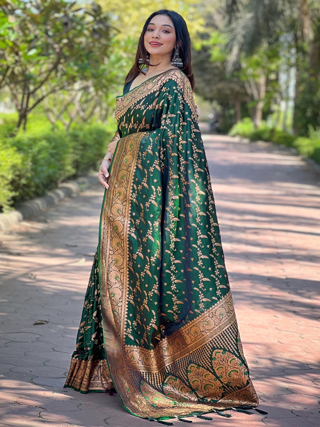 

all about you Woven Design Zari Satin Banarasi Saree, Green