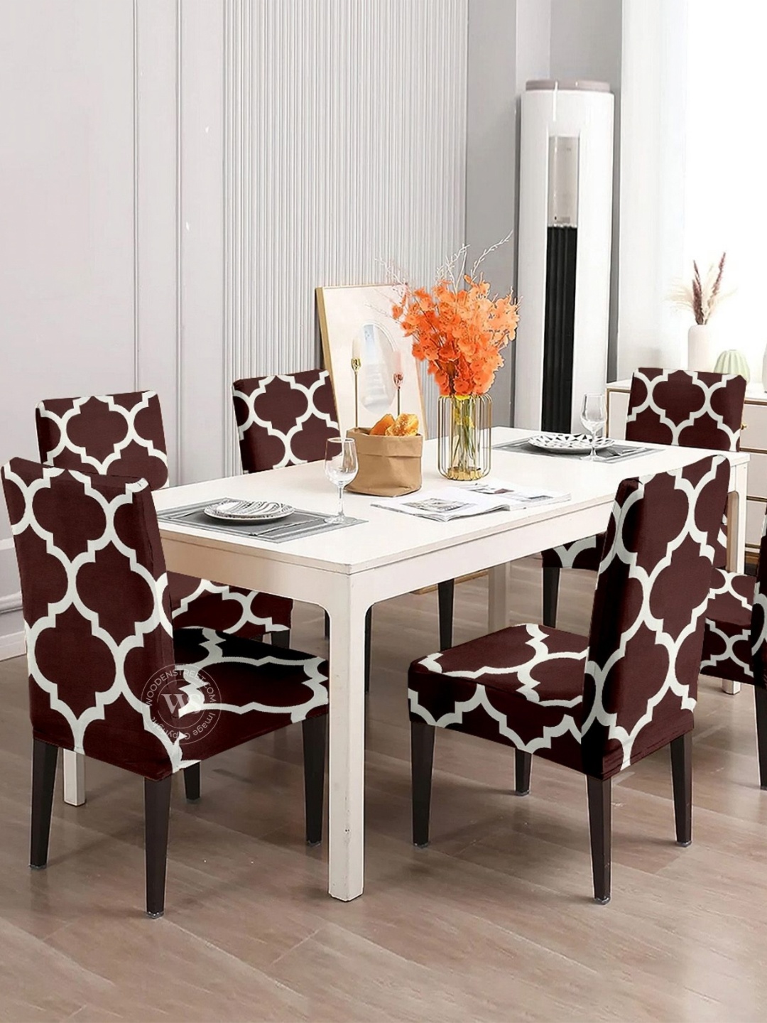 

WOODEN STREET Set Of 6 Brown & White Terria Printed Chair Covers