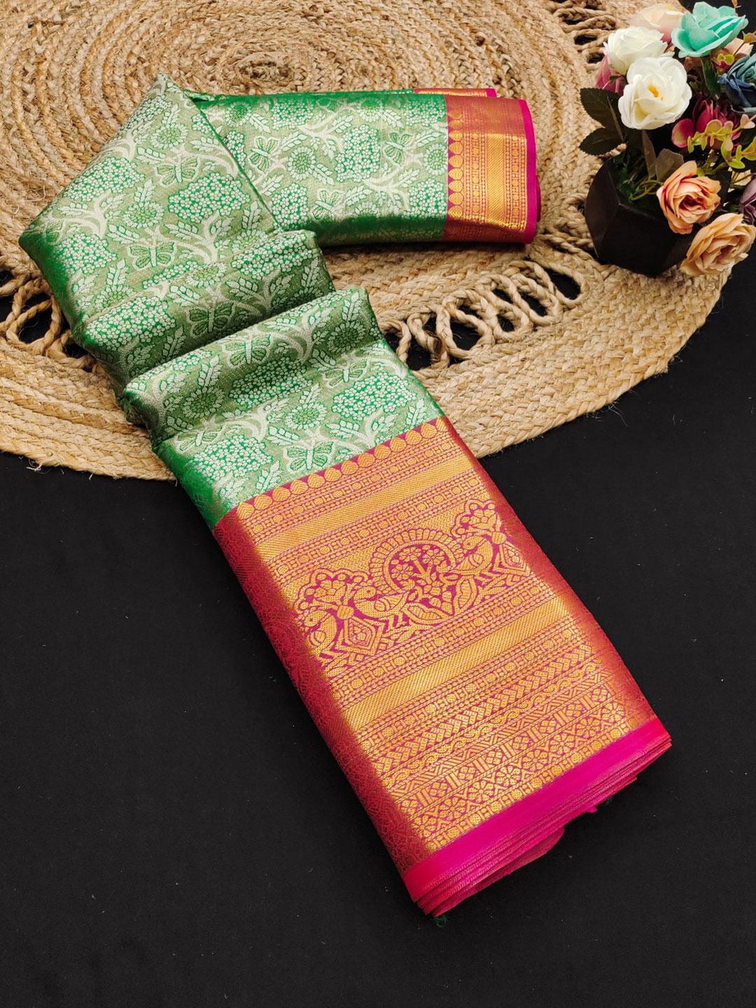 

Mitera Woven Design Zari Pure Silk Kanjeevaram Saree, Green