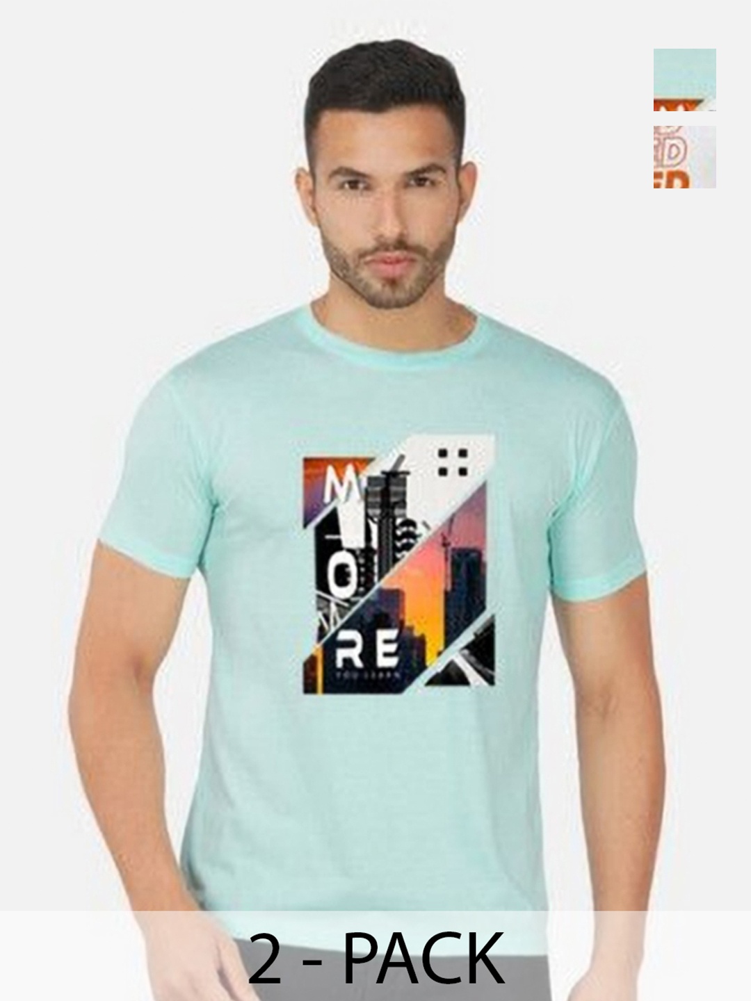 

GLOBAL NOMAD Men 2 Printed Bio Finish Applique T-shirt, Turquoise blue