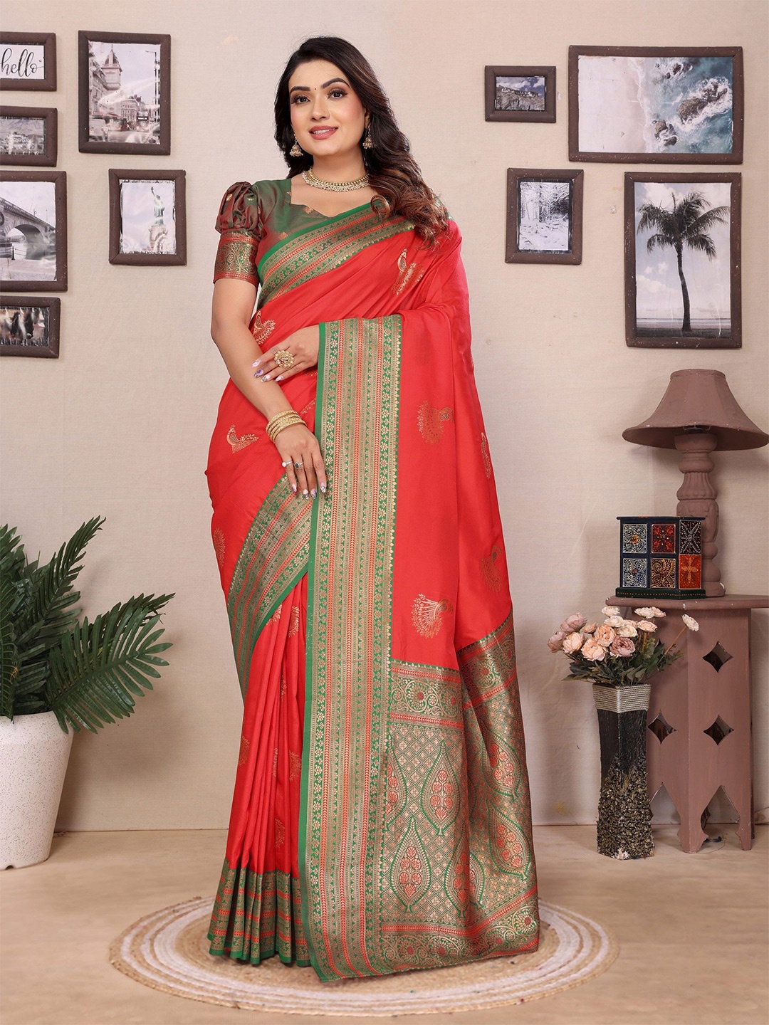 

Mitera Woven Design Zari Silk Blend Banarasi Saree, Red