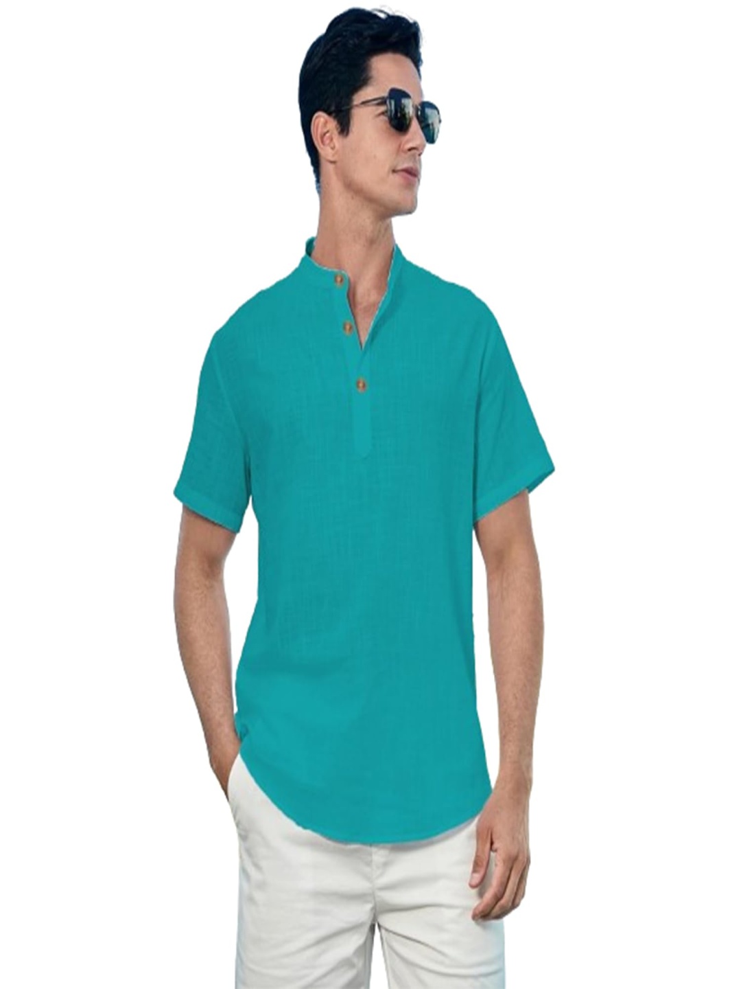 

EdinWolf Band Collar Cotton Straight Kurta, Turquoise blue