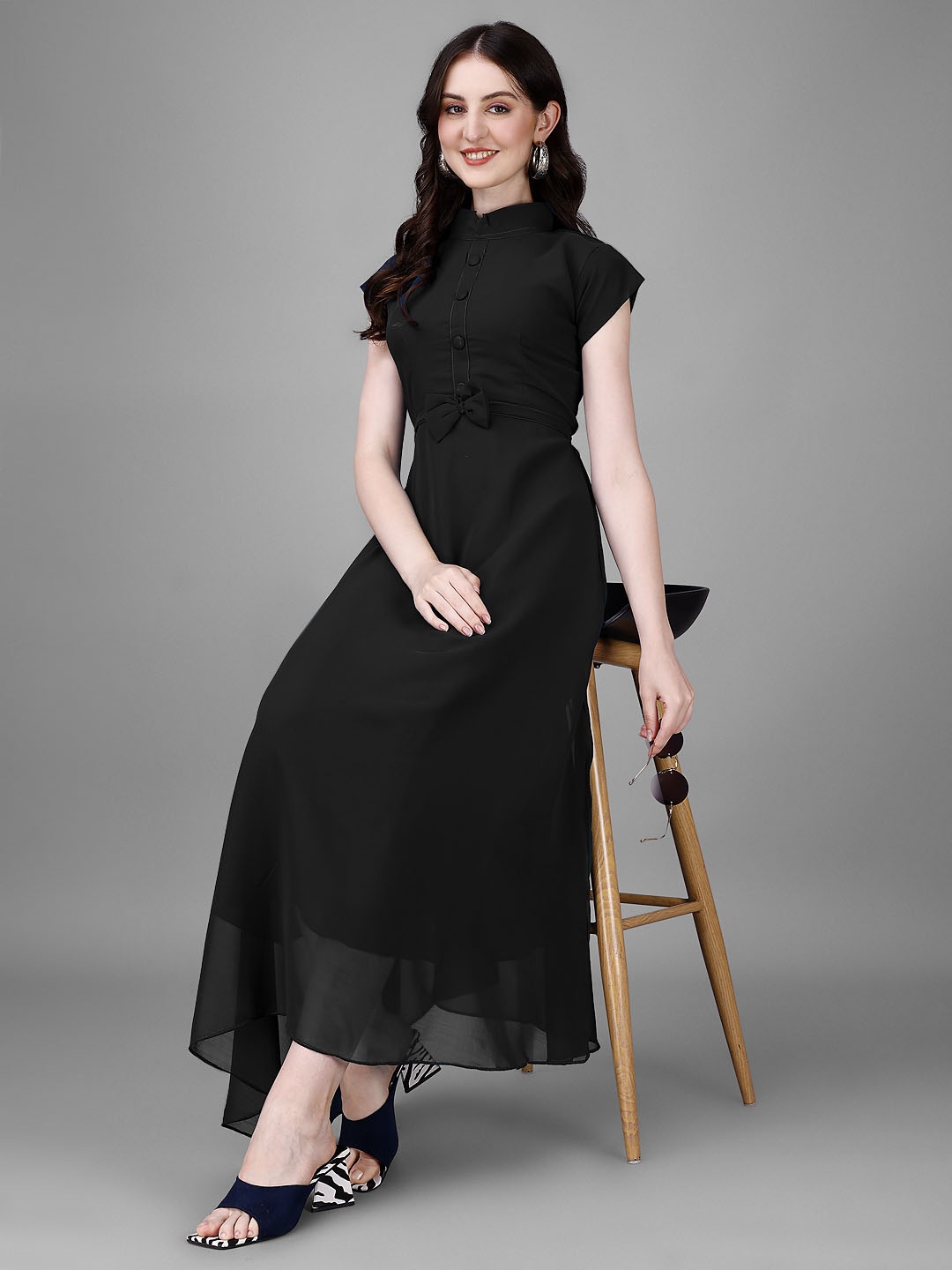 

Jash Creation Applique Georgette Fit & Flare Maxi Dress, Black