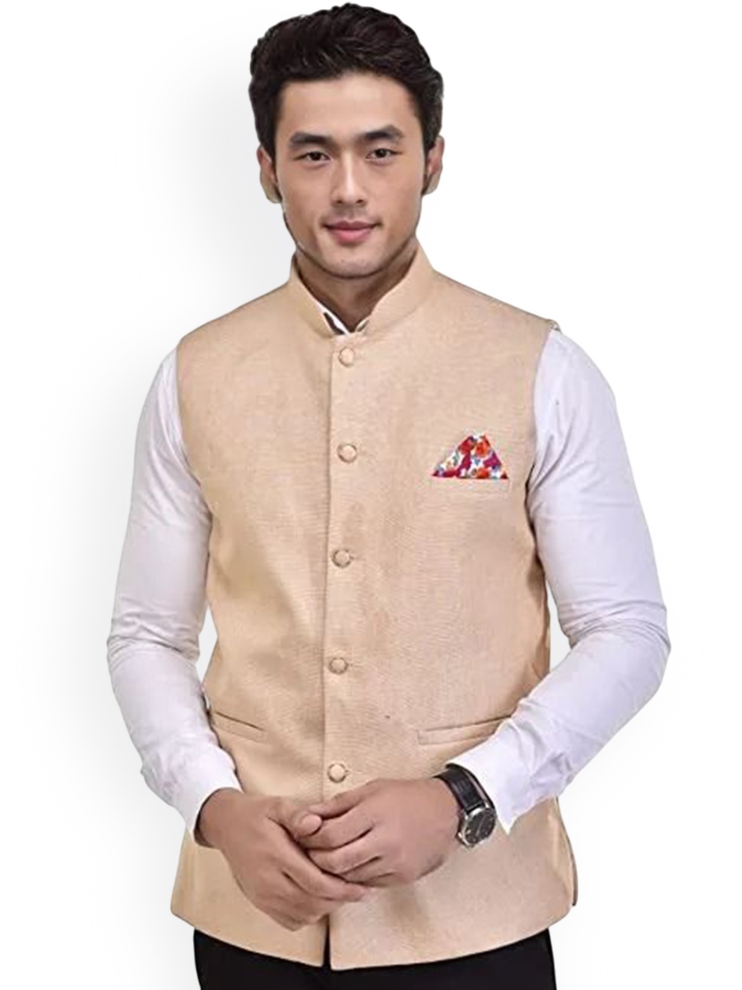 

Seetoo Mandarin Collar Woven Nehru Jacket, Cream