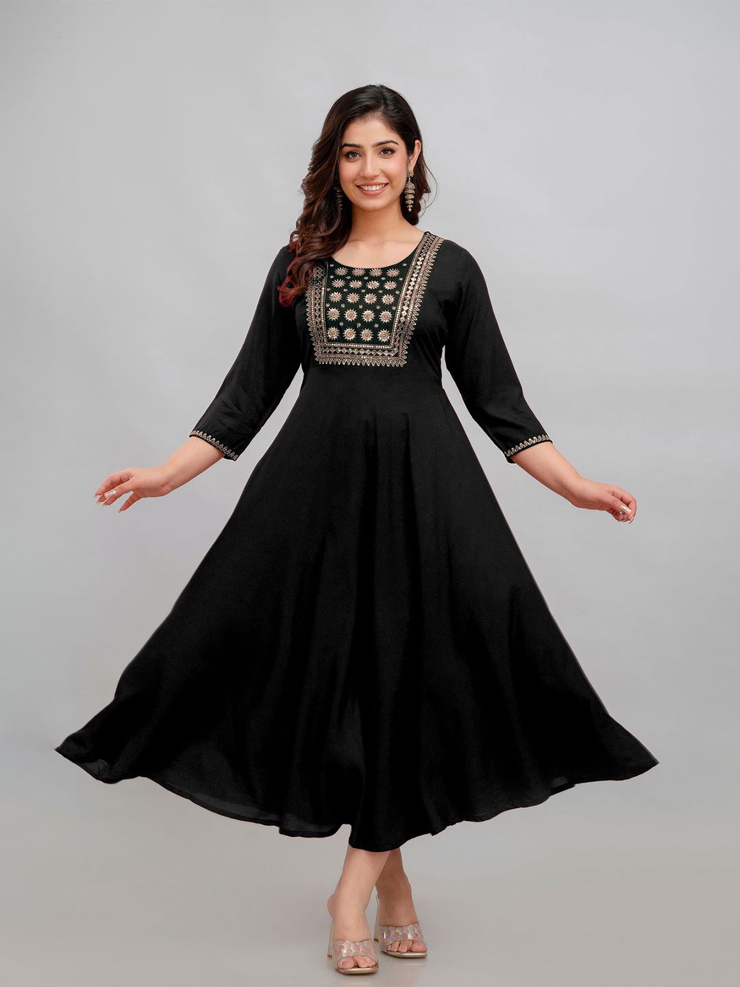 

G.L. FASHION Embroidered Round Neck Fit & Flare Ethnic Dress, Black