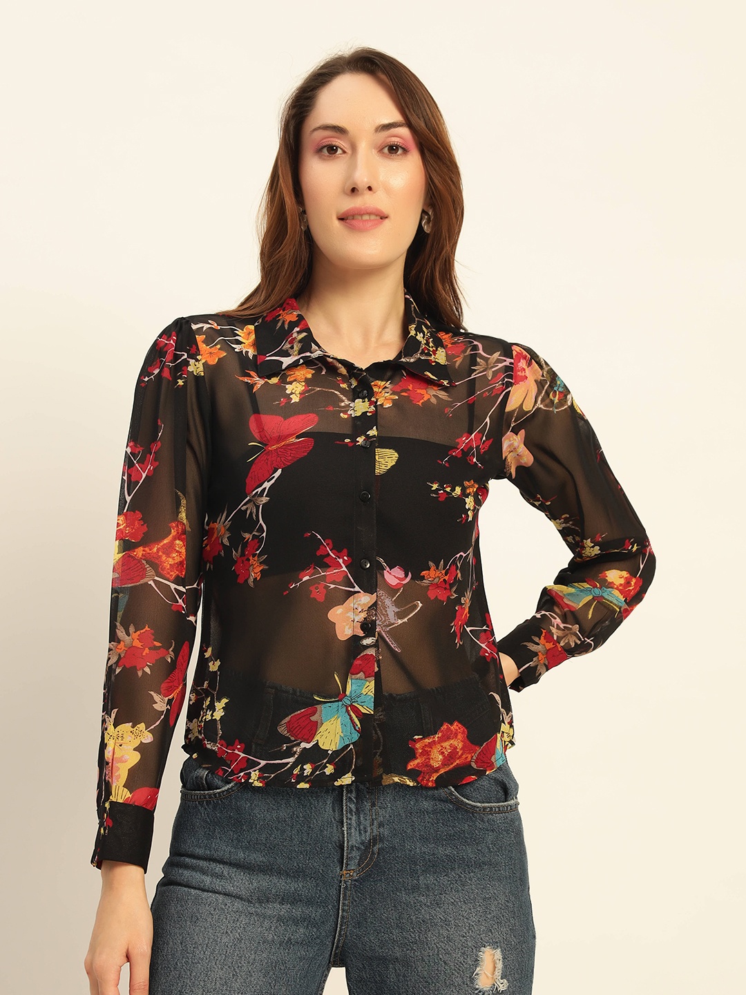 

Chemistry Women Premium Floral Semi Sheer Printed Party Shirt, Black