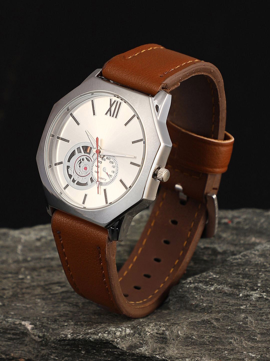 

French Accent Men Embellished Dial & Leather Bracelet Style Straps Analogue Watch SS25_FAWC1054, Brown