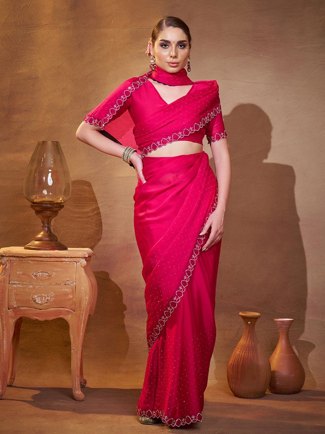 

Mitera Embellished Beads and Stones Satin Saree, Pink