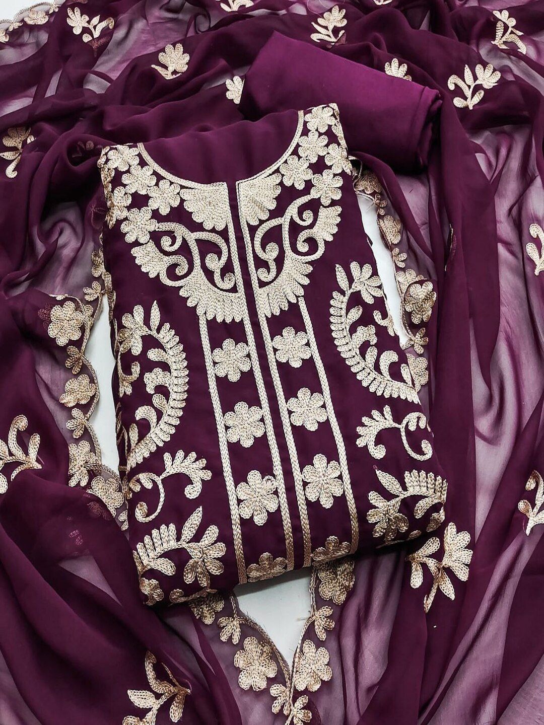 

SHIJILA Floral Embroidered Thread Work Unstitched Dress Material, Purple