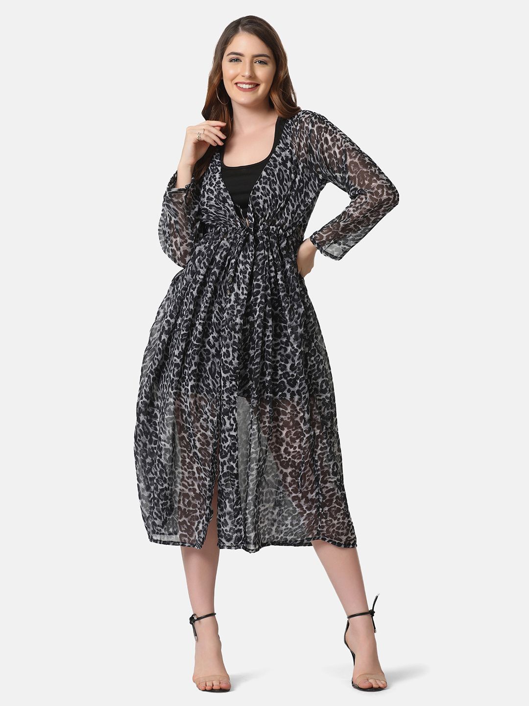 

DIMPY GARMENTS Leopard Printed Tie-Up Neck Open Front Georgette Longline Shrug, Black