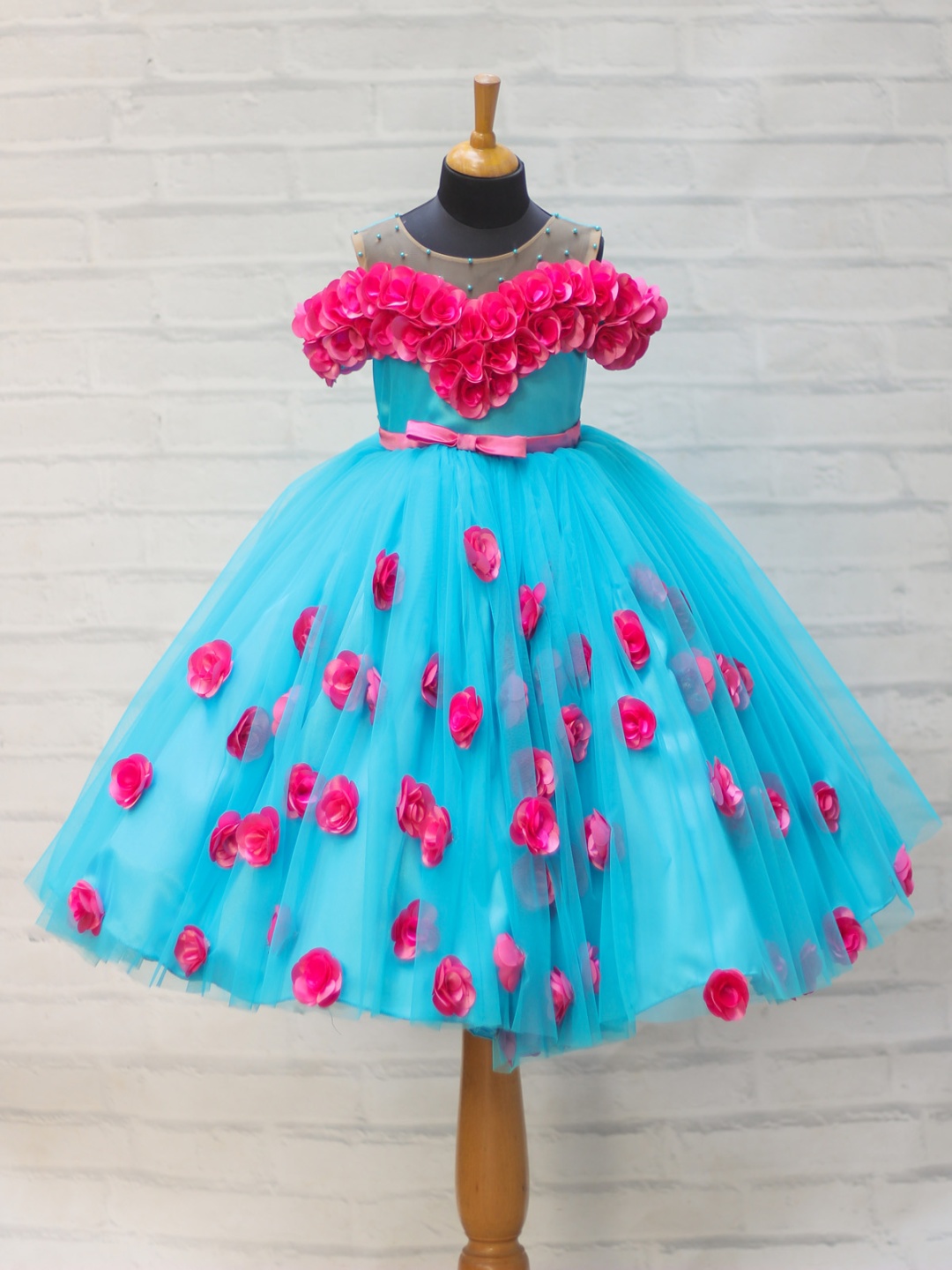 

Li & Li Boutique Girls Sky Blue Off Shoulder Gown with Fuchsia Pink Handcrafted Flowers, Turquoise blue