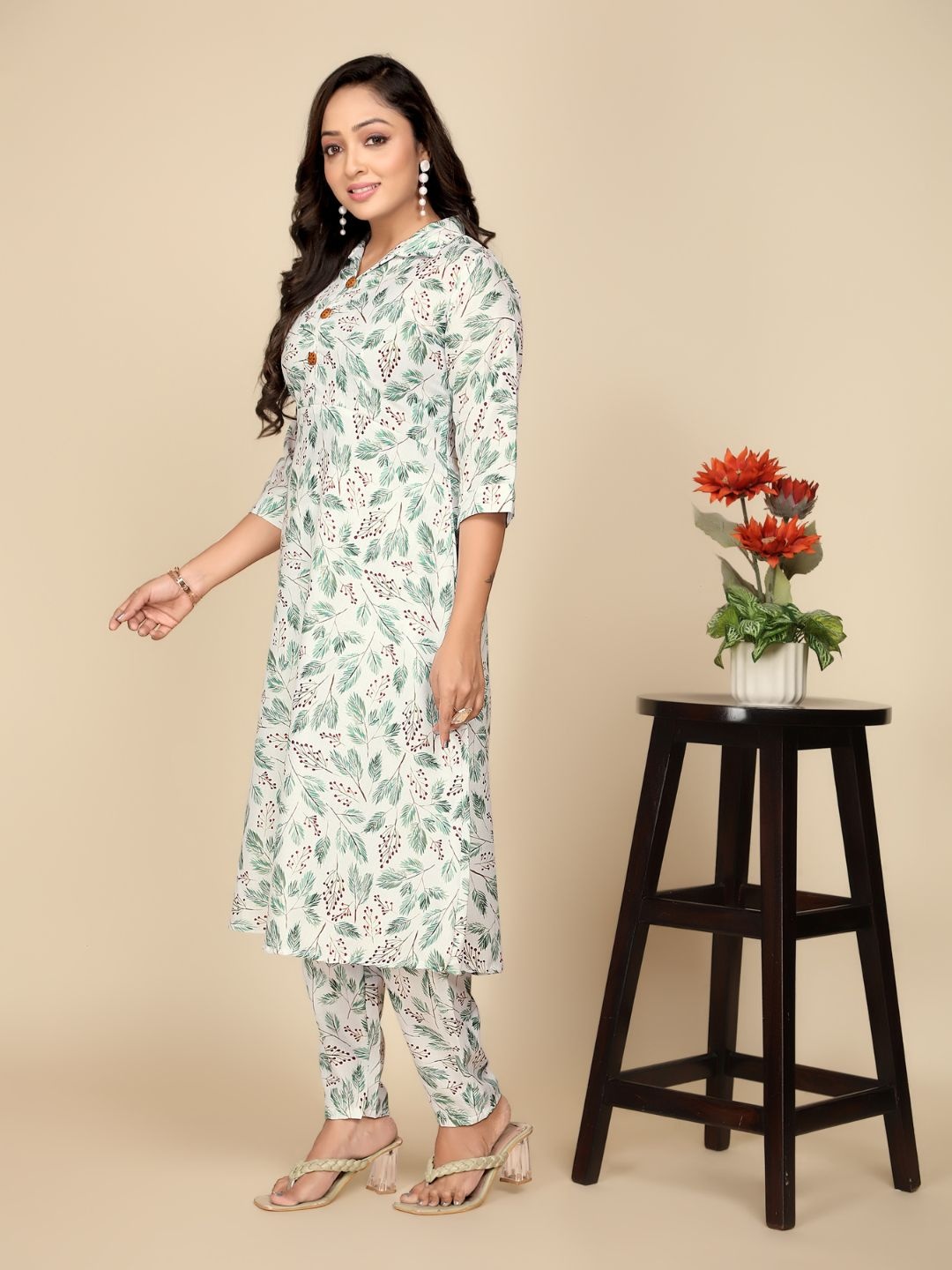 

Jade & Julie Printed Pure Cotton Mandarin Collar Top With Trousers Co-Ords, White