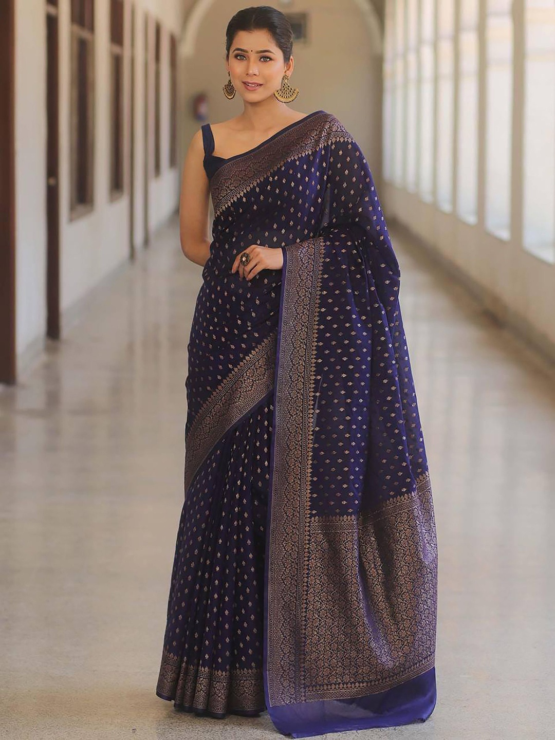

KALINI Woven Design Zari Silk Blend Banarasi Saree, Navy blue