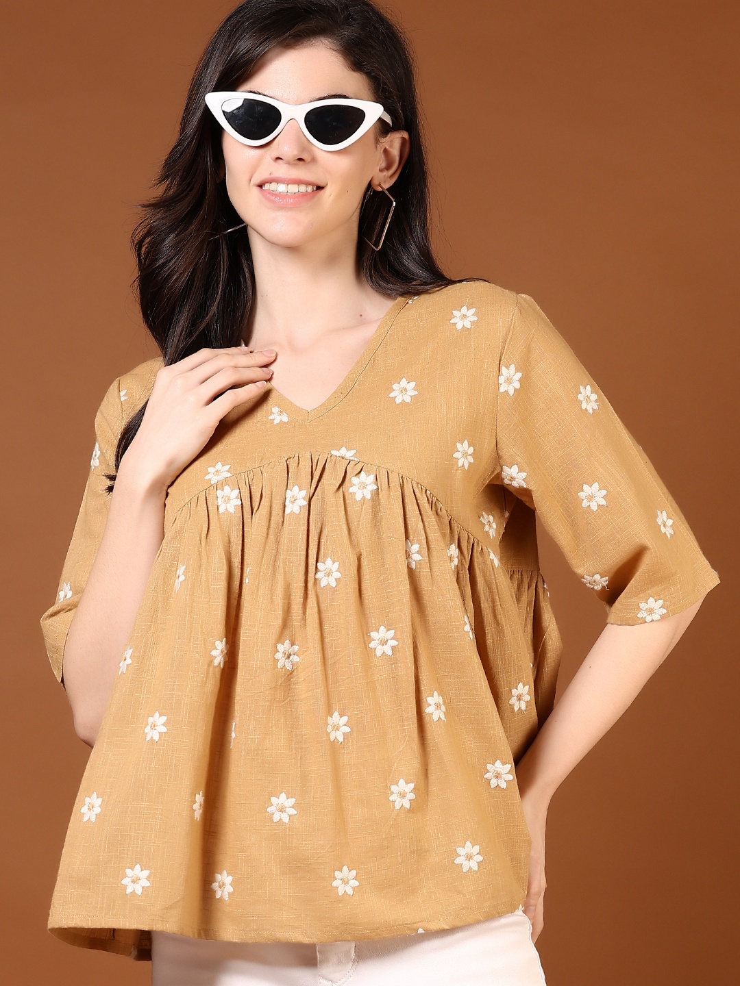 

V-Mart Floral Embroidered Cotton Top, Brown