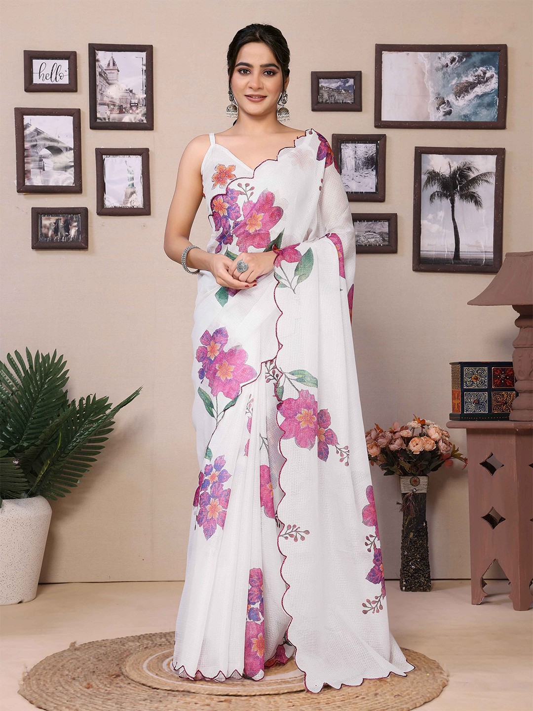 

Rhey Floral Pure Cotton Ready to Wear Saree, Pink