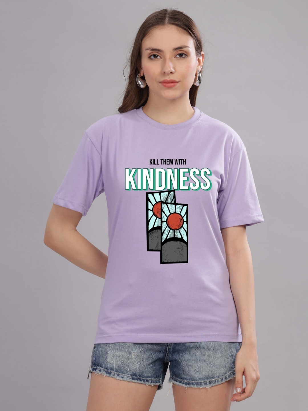 

FALTU.CO Women Printed Drop-Shoulder Sleeves Pure Cotton T-shirt, Lavender
