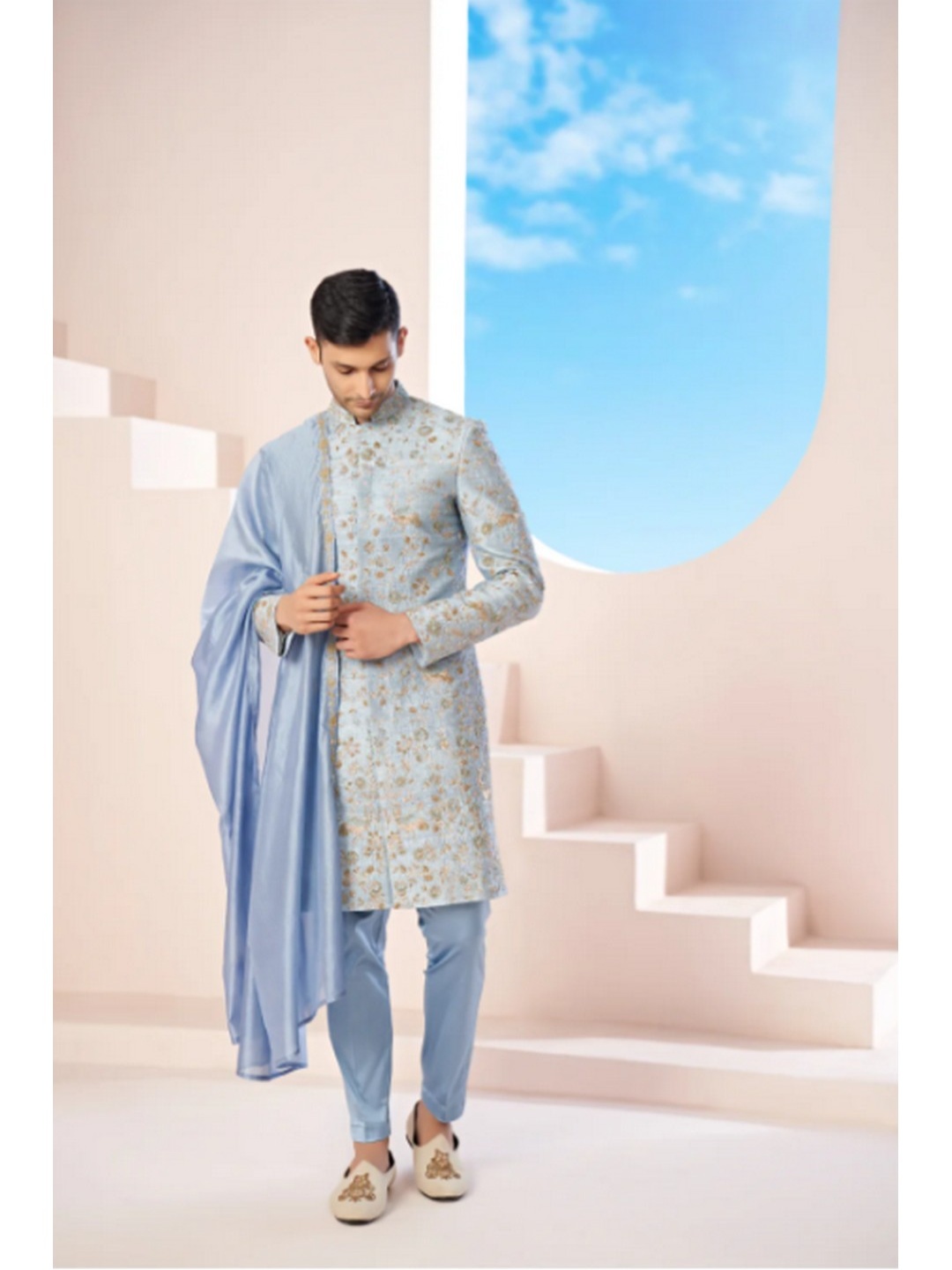 

HILO DESIGN Embroidered Pure Silk Luxavia Sherwani Set, Blue