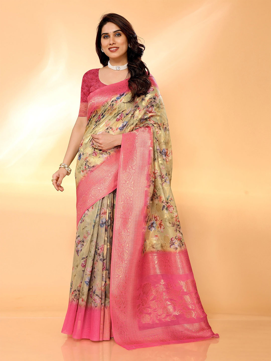 

Moda Rapido Floral Zari Silk Cotton Banarasi Saree, Green