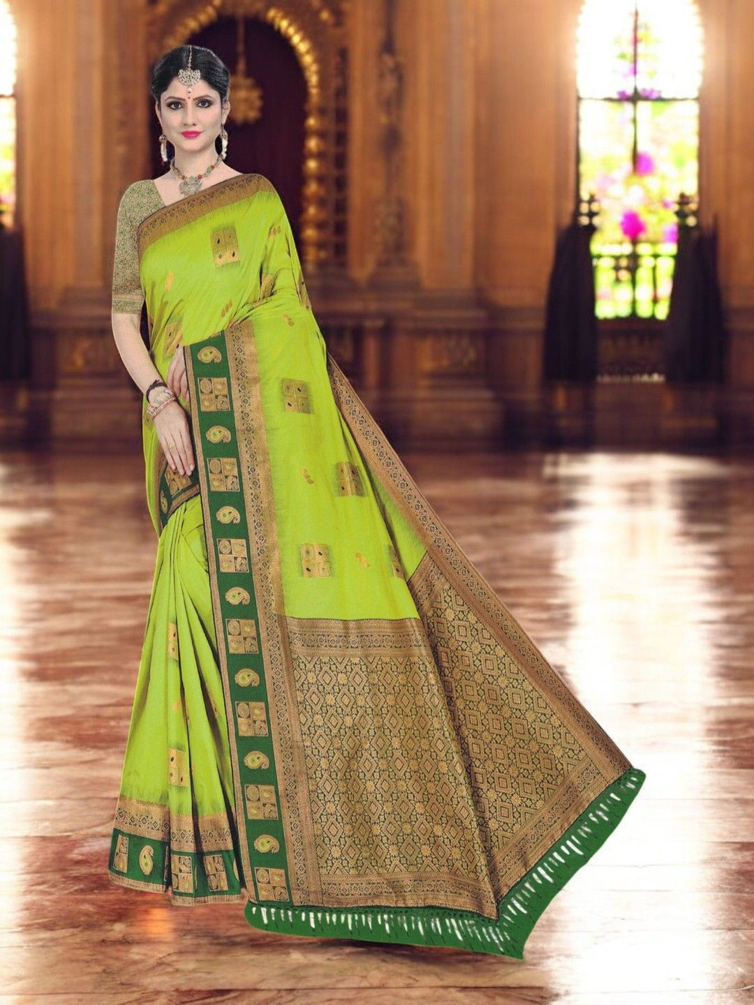 

SHOPPKEE Woven Design Zari Silk Blend Banarasi Saree, Green