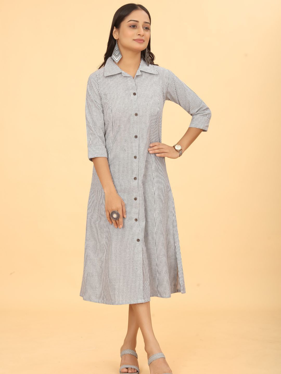 

Flossy Striped Shirt Midi Dress, Black