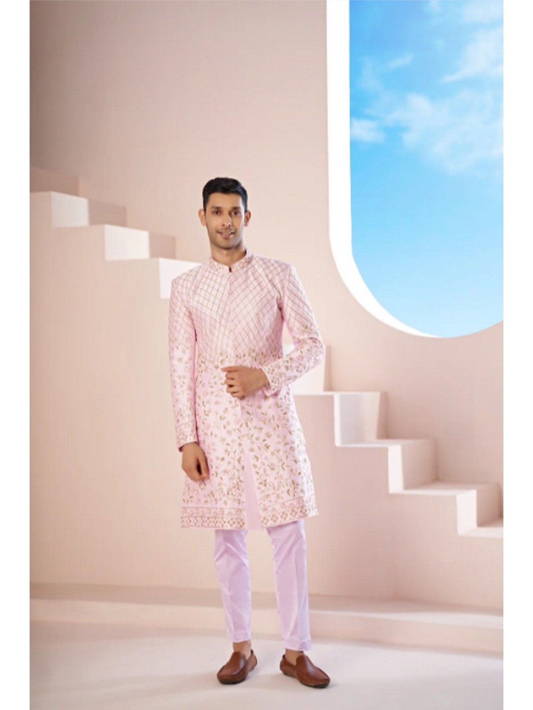 

HILO DESIGN Embroidered Pure Silk Elysium Sherwani Set, Pink