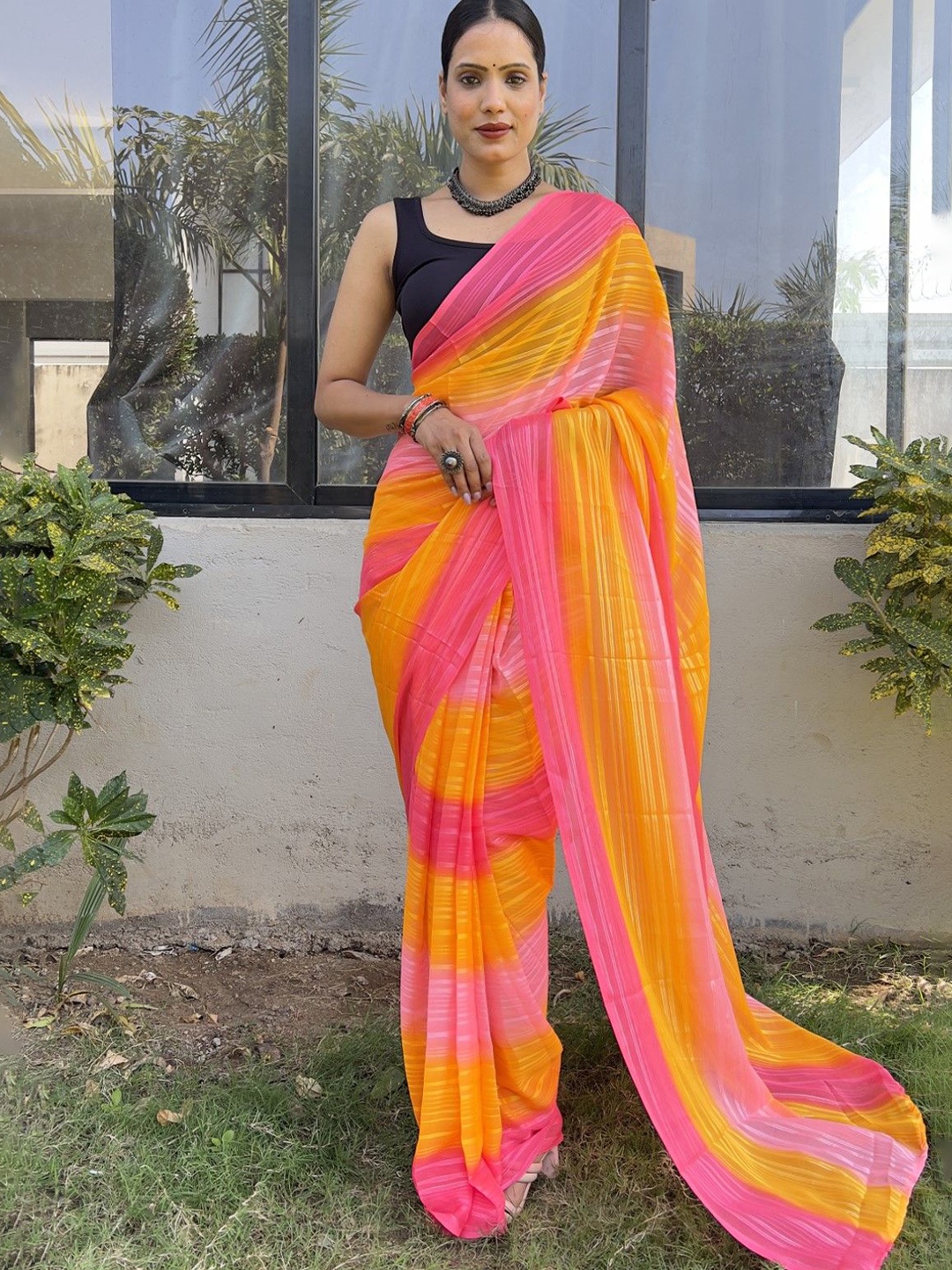 

Rangtulika Ethnics Striped Art Silk Ready to Wear Saree, Orange