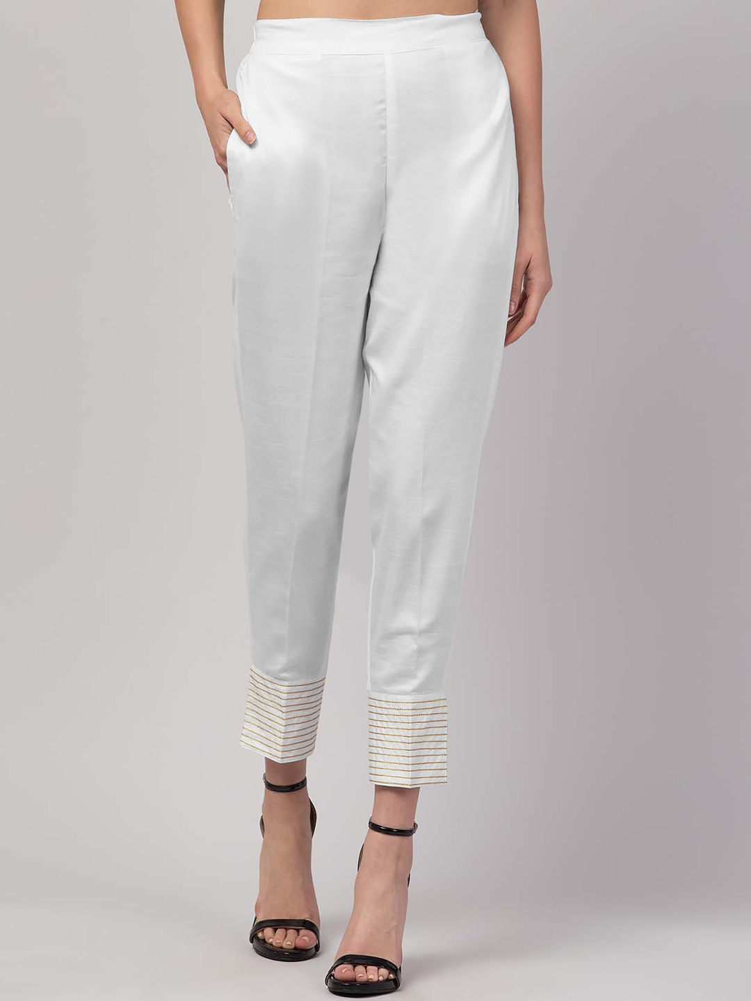 

FLOREOS Women Textured Embroidered Comfort Easy Wash Trousers, White