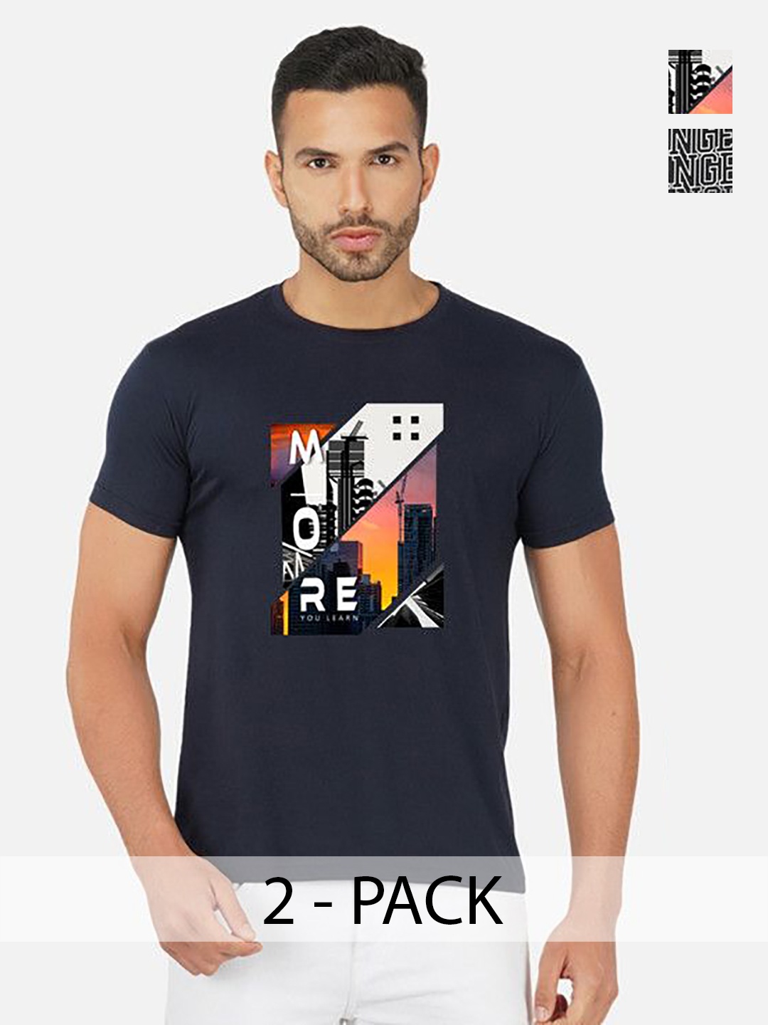 

GLOBAL NOMAD Men 2 Printed Bio Finish Applique T-shirt, Navy blue