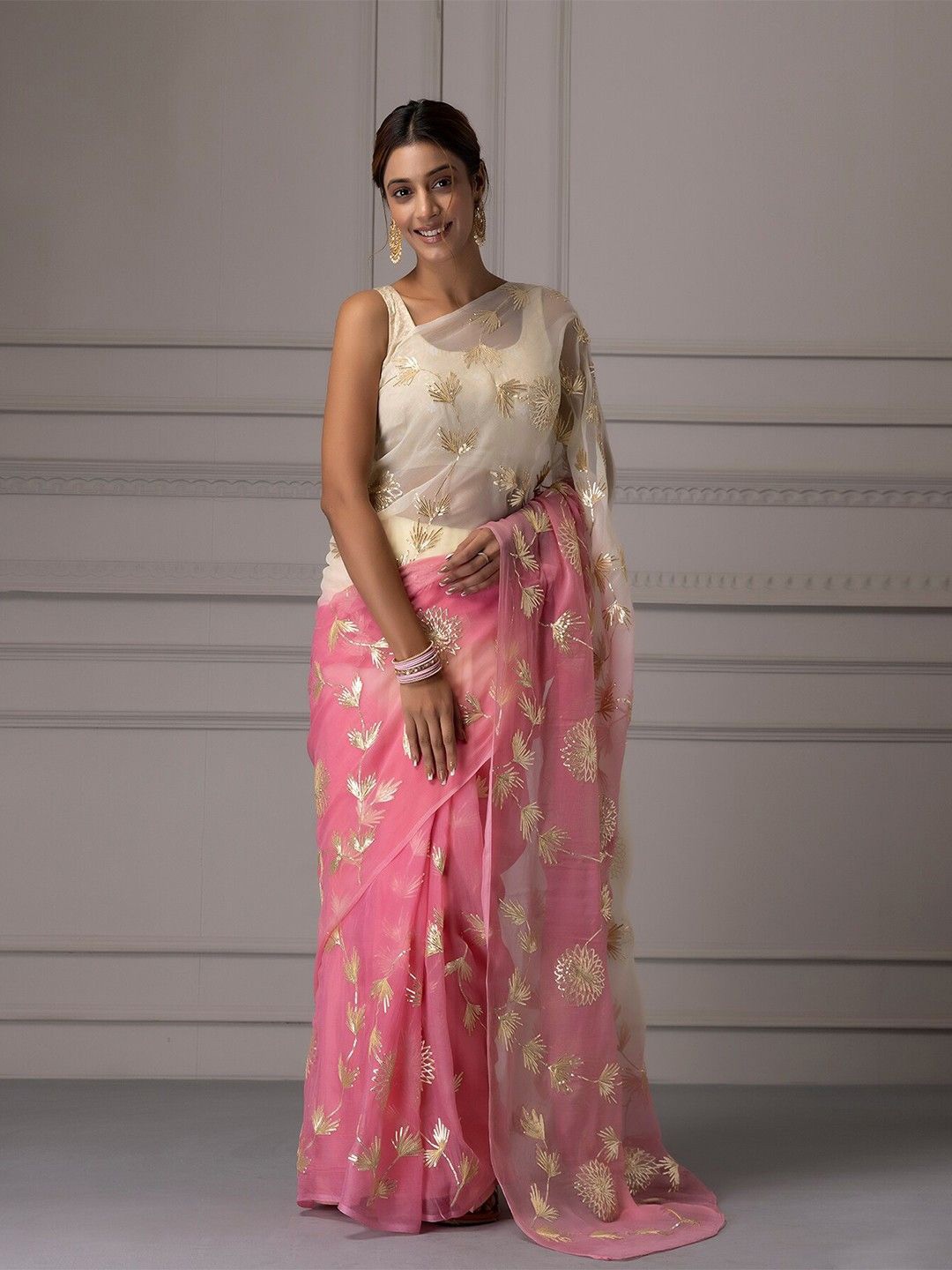 

Mitera Floral Gotta Patti Organza Saree, Pink