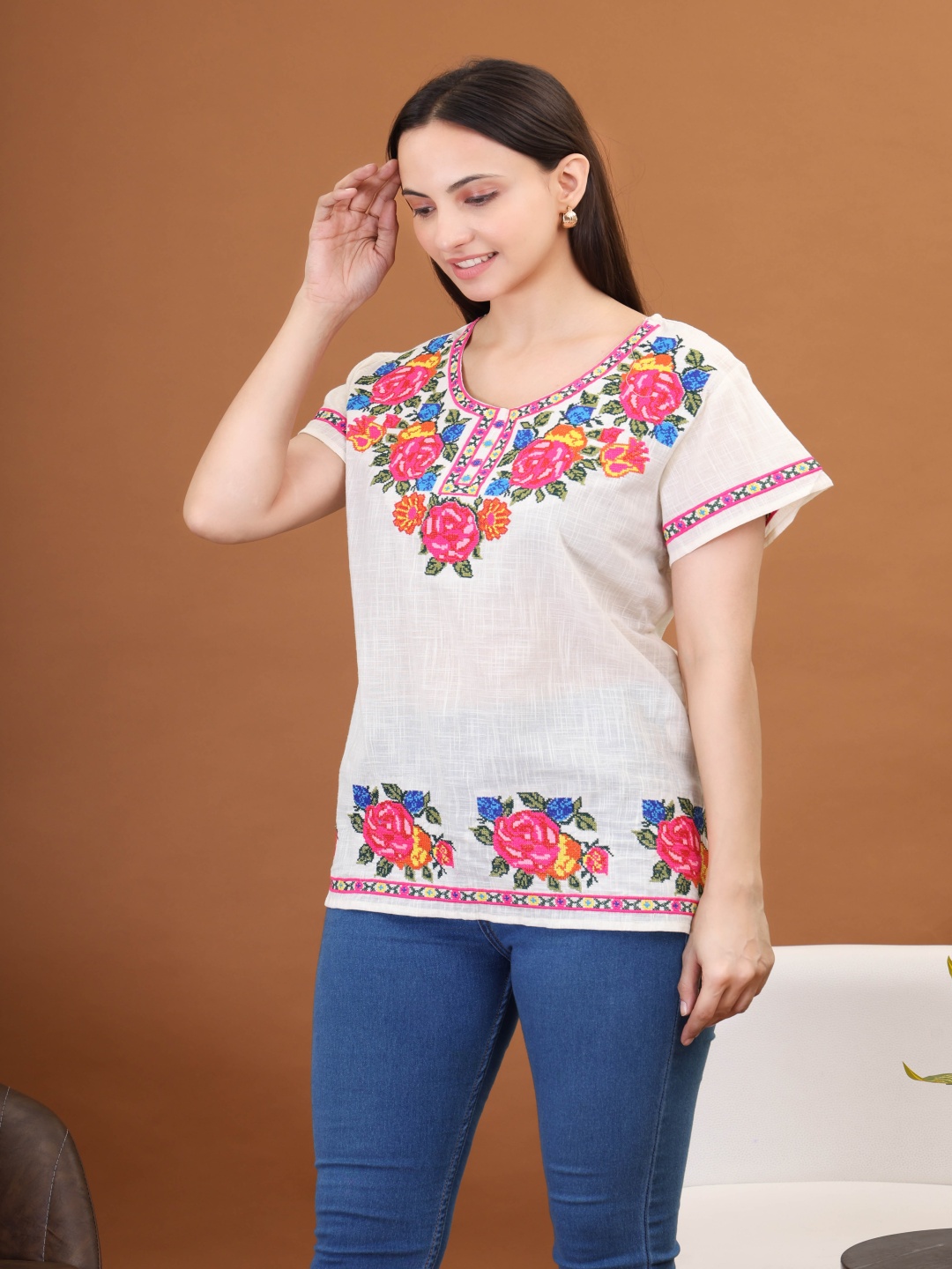 

Moda Rapido Floral Embroidered Flared Sleeves Pure Cotton Kurti, White