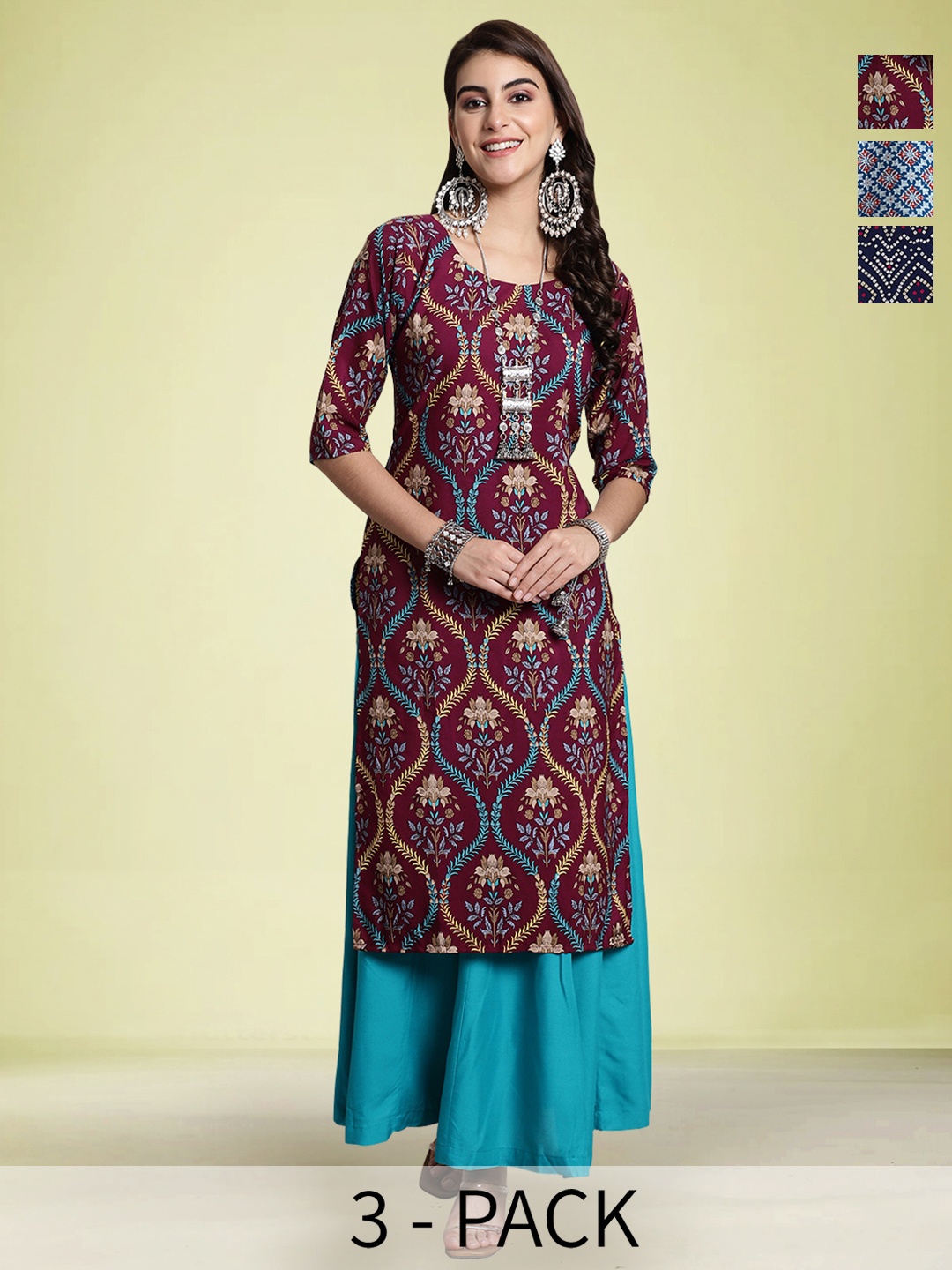 

Moda Rapido Selection Of 3 Floral Printed Round Neck Straight Kurtas, Maroon