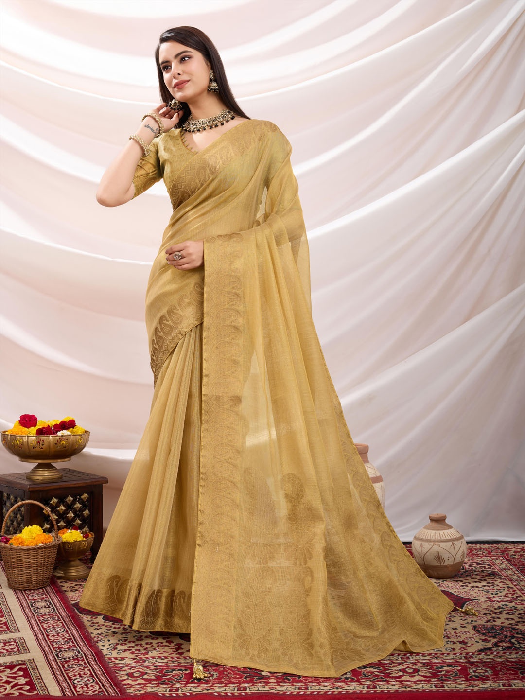 

Meena Bazaar Zari Art Silk Saree, Beige