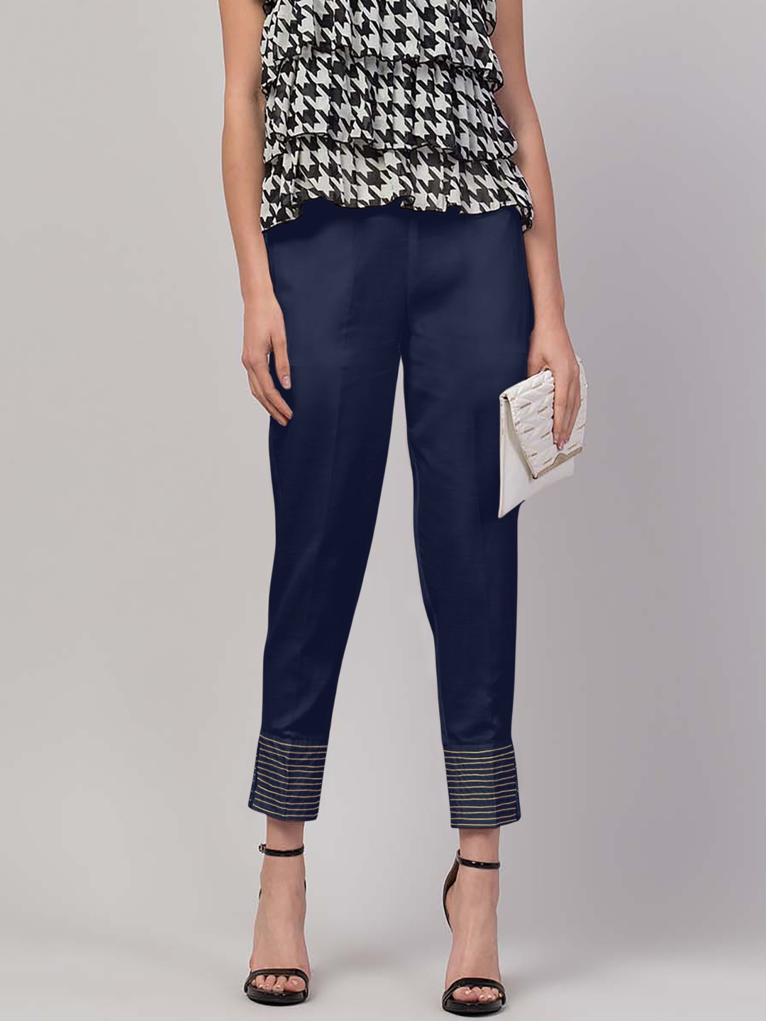 

FLOREOS Women Textured Embroidered Comfort Easy Wash Trousers, Navy blue