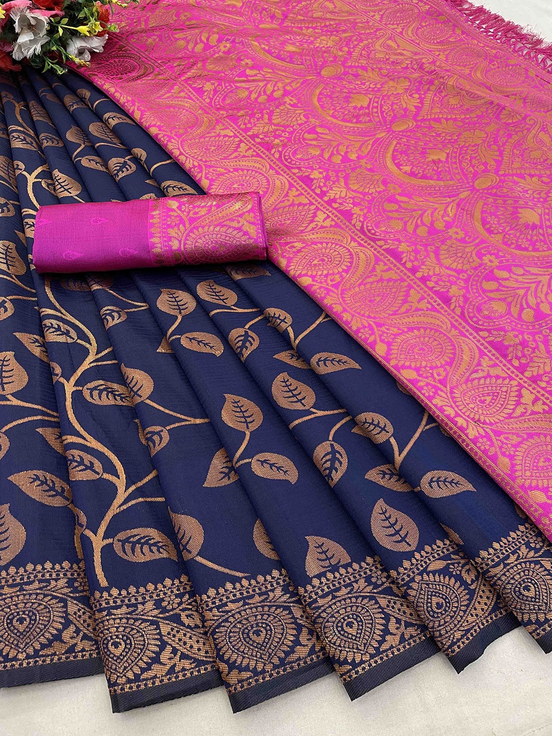 

DIVASTRI Woven Design Zari Silk Blend Banarasi Saree, Navy blue