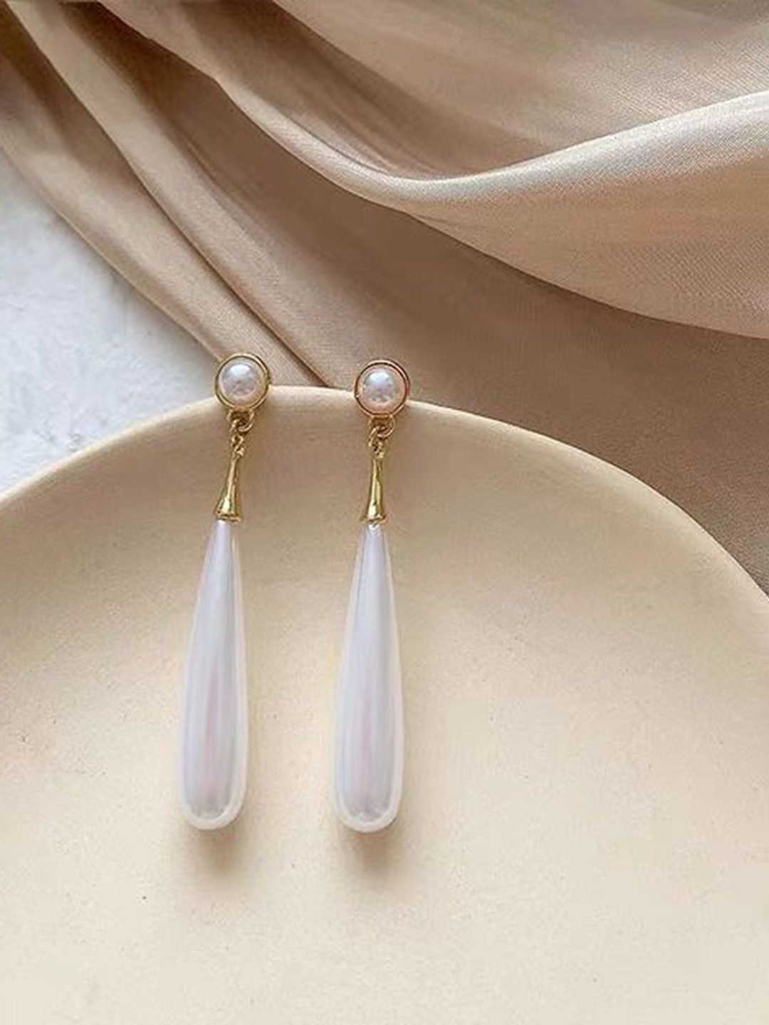 

kazare Pearls Beaded Teardrop Shaped Drop Earrings, Beige