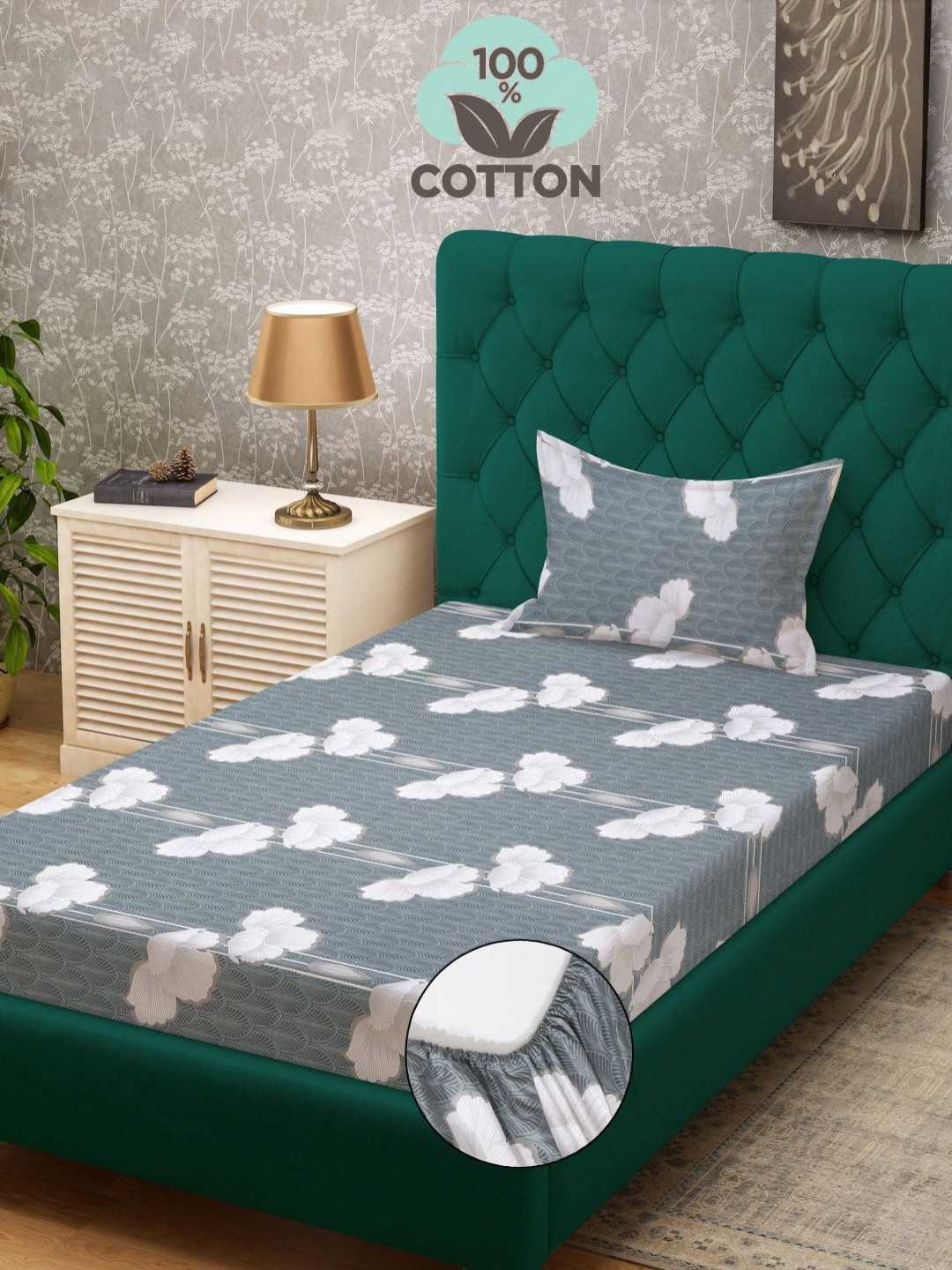 

Myntra Elegant Homes Grey & White Floral 400 TC Single Bedsheet with 1 Pillow Covers