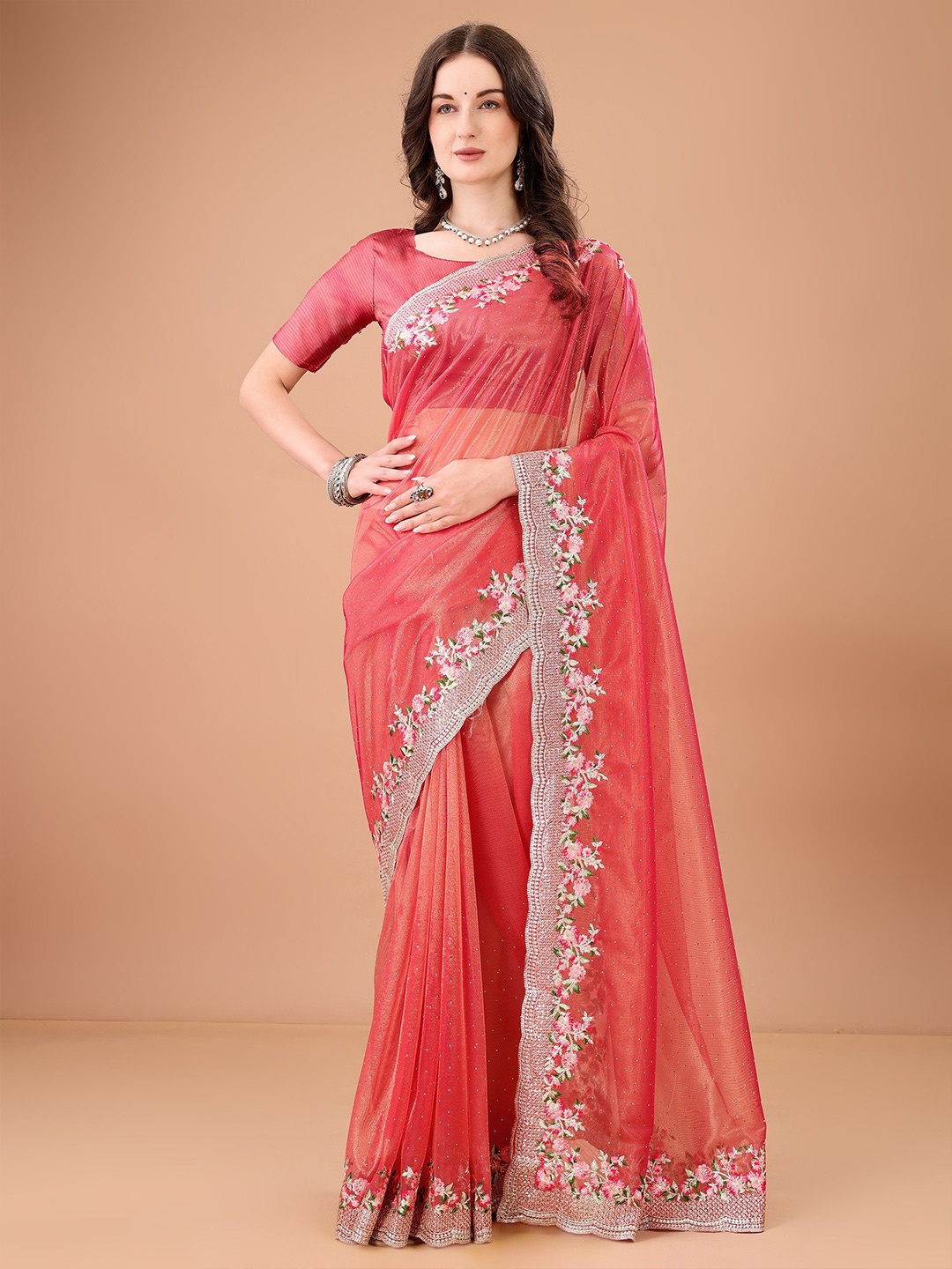

devkison Designer Floral Embroidered Net Saree, Coral