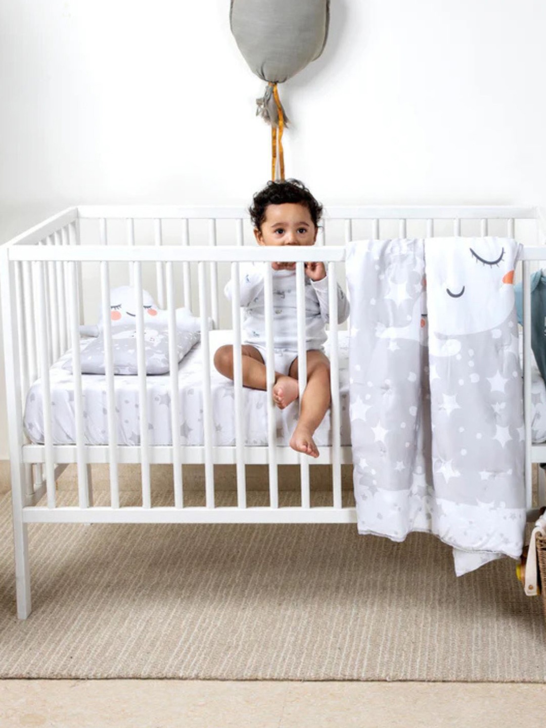 

Waxwingo Moonlight Quilt Fitted Sheet With Pillow & Bolster Insert Cot Set, Grey