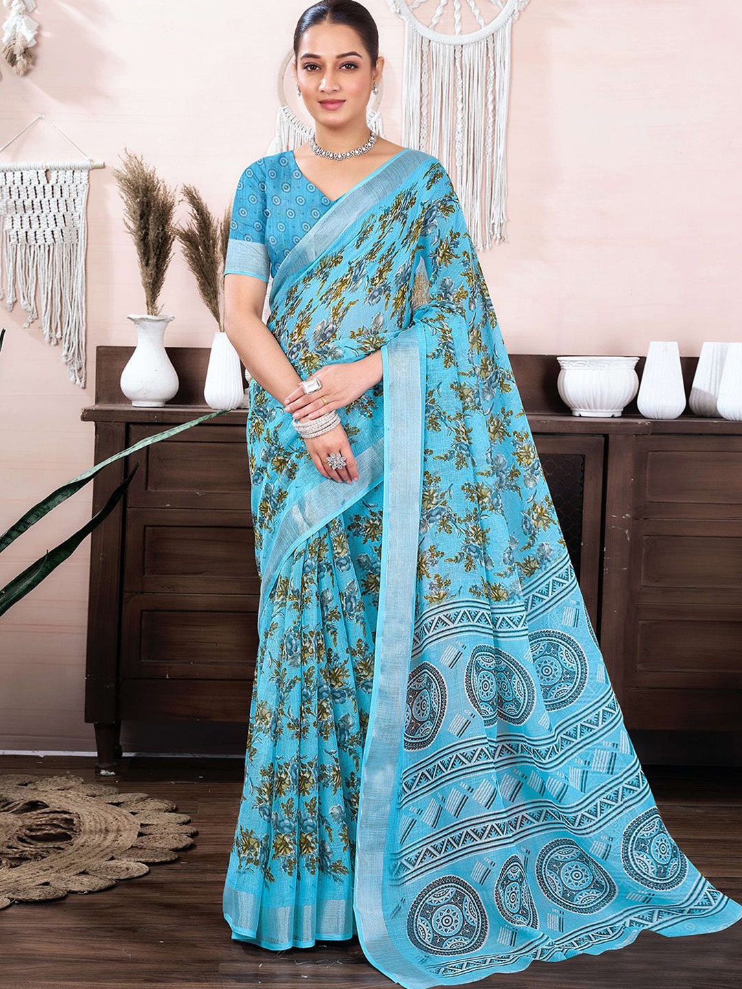 

KALINI Floral Zari Saree, Blue