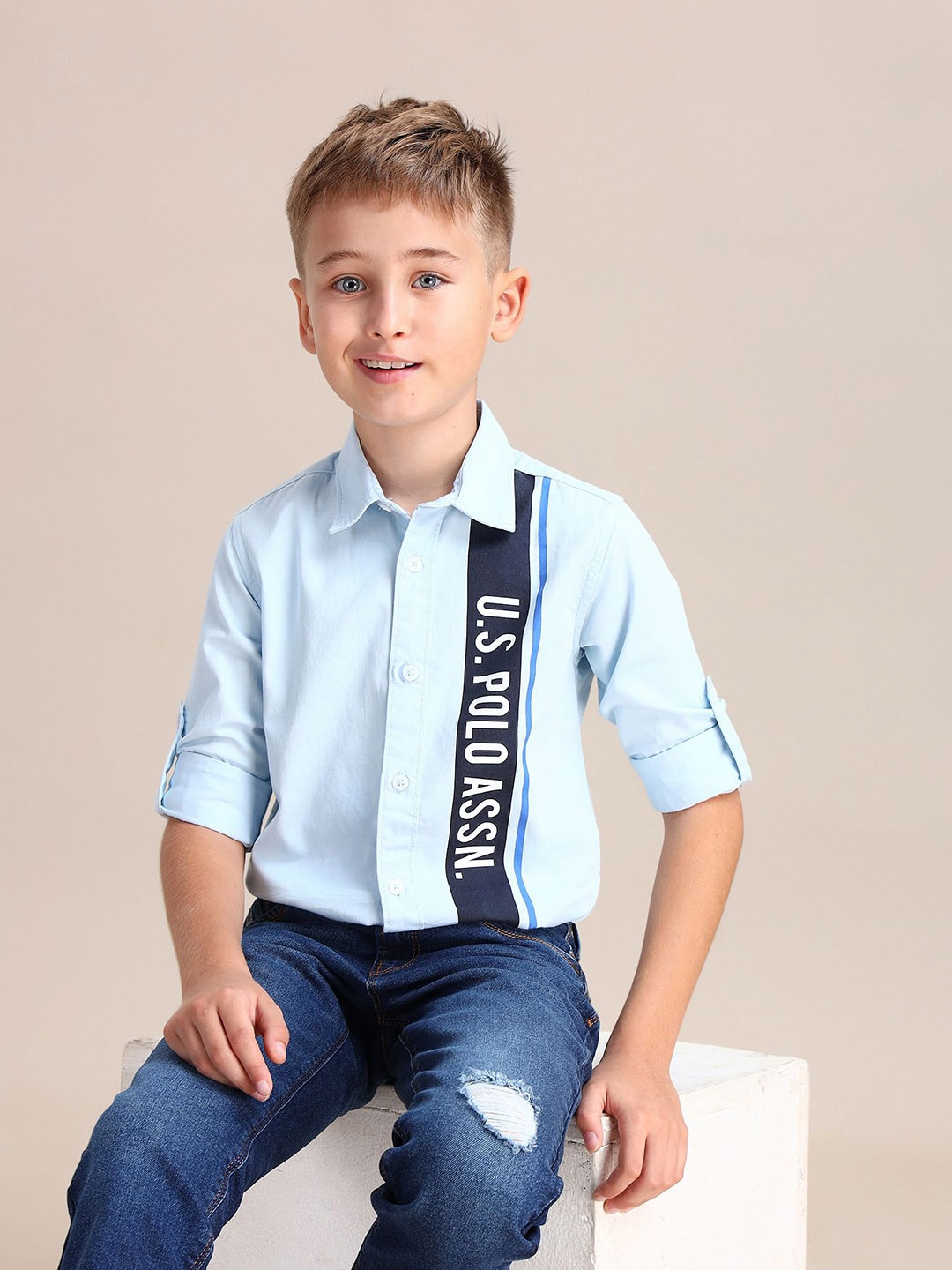 

U.S. Polo Assn. Kids Boys Brand Logo Printed Pure Cotton Casual Shirt, Blue