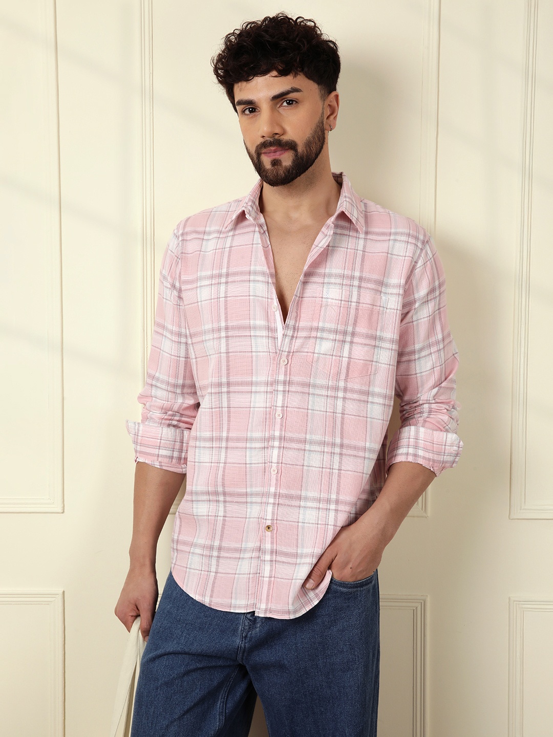 

WROGN Men Comfort Slim Fit Tartan Checks Opaque Checked Casual Shirt, Pink