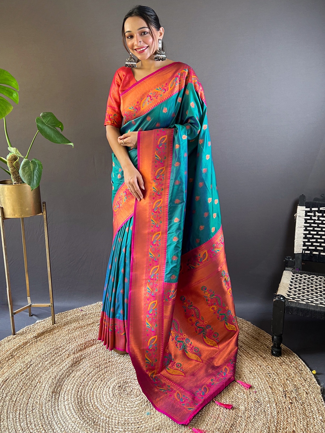 

all about you Woven Design Zari Silk Blend Paithani Saree, Green