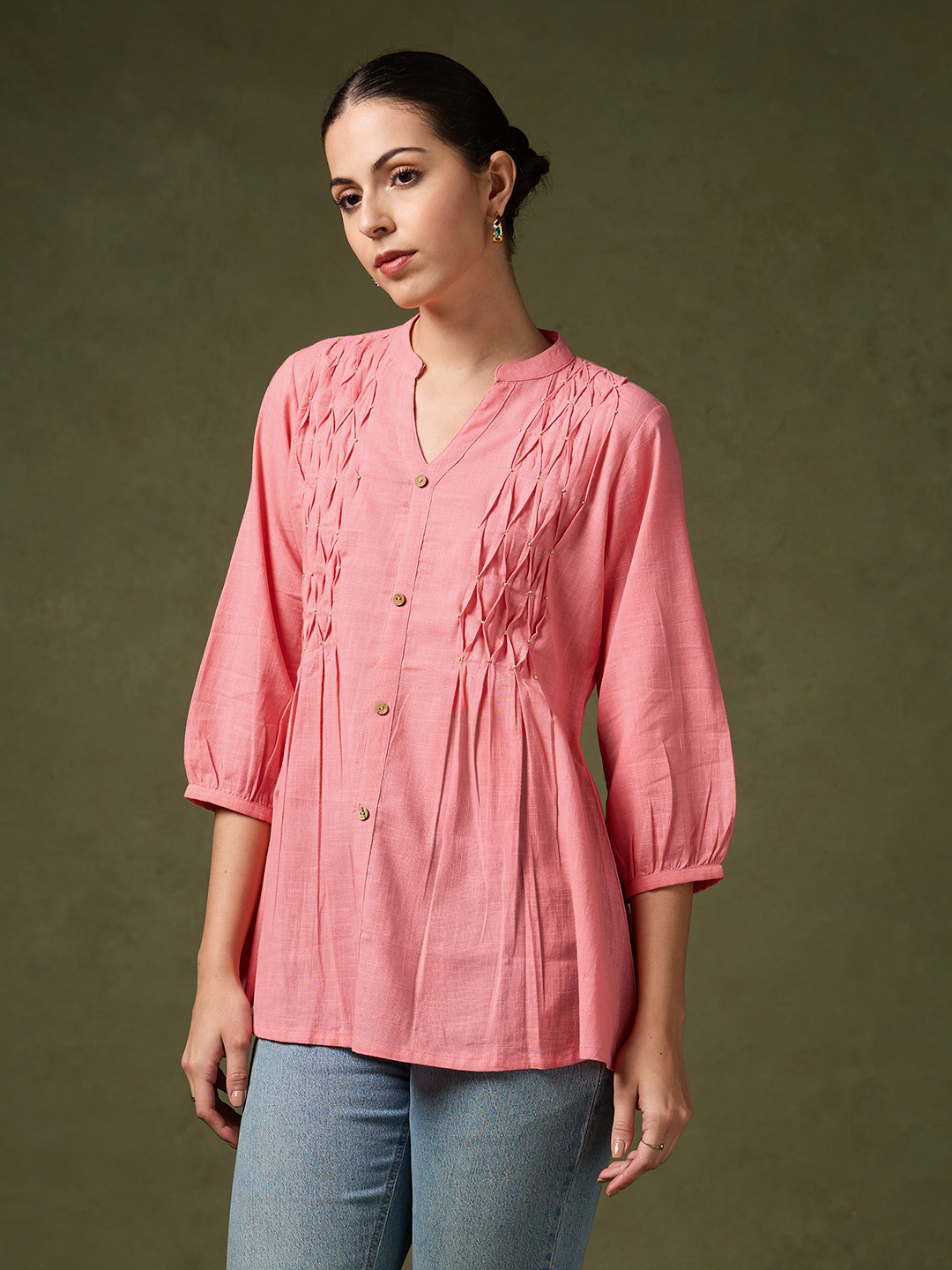 

Saaki Mandarin Collar Cotton Top, Pink