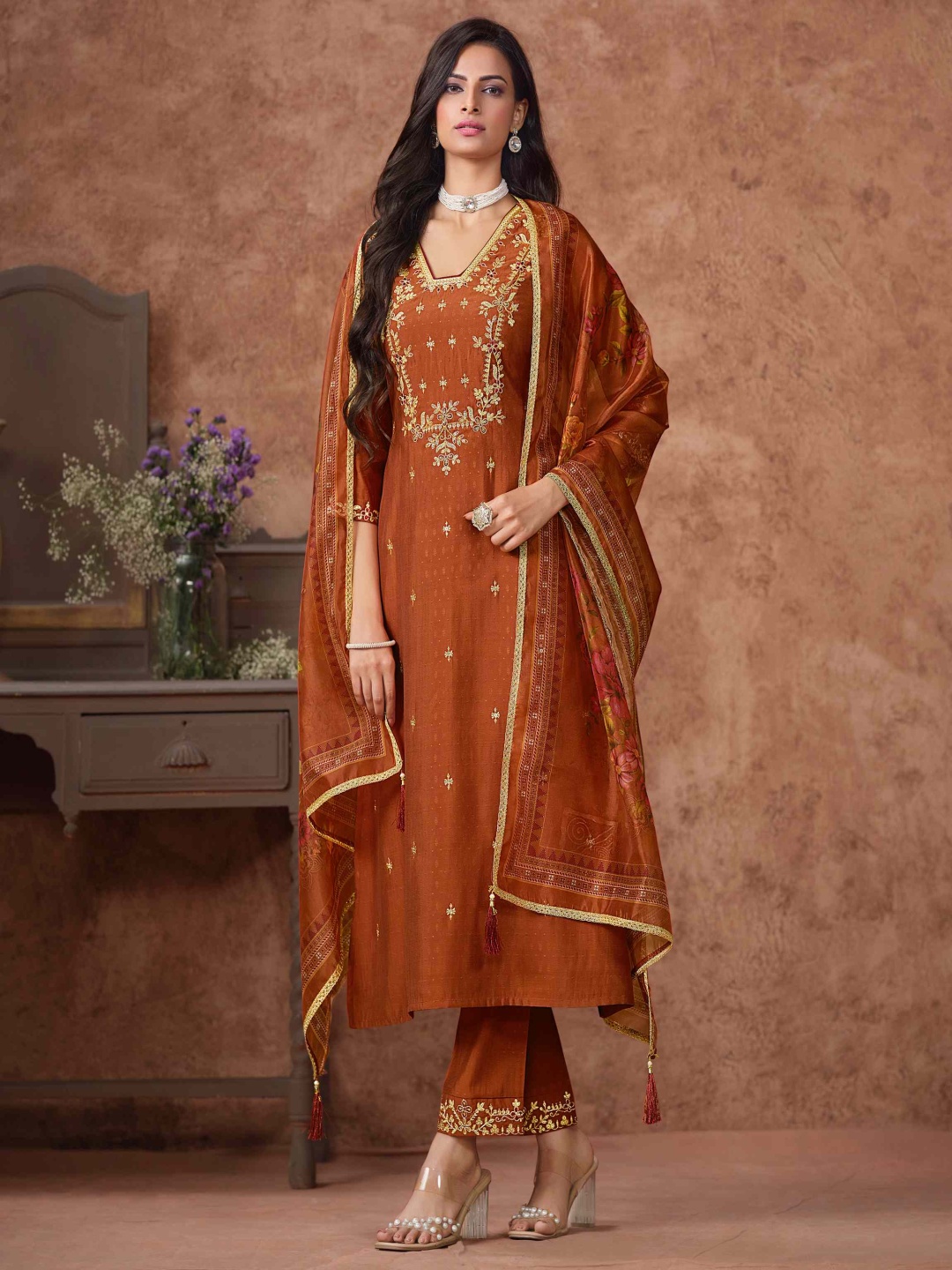 

MOJILAA Women Silk Floral Embroidered A-line Kurta with Pant & Printed Dupatta, Brown