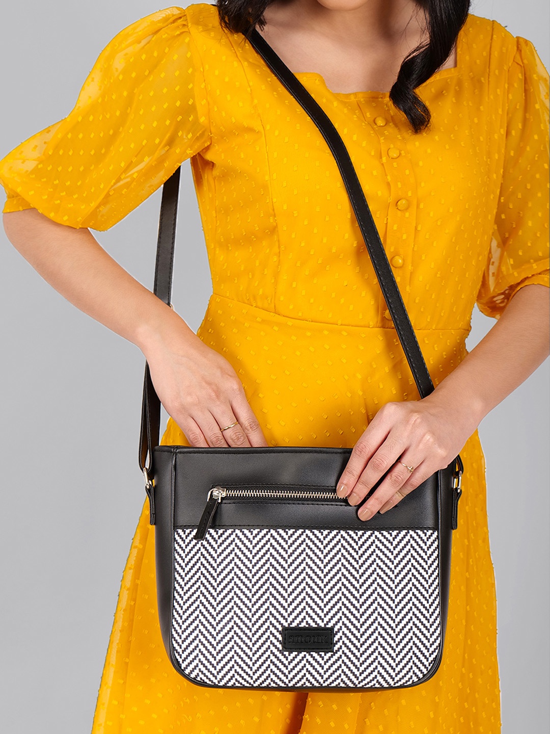 

Anouk Geometric Printed Bucket Sling Bag, Black