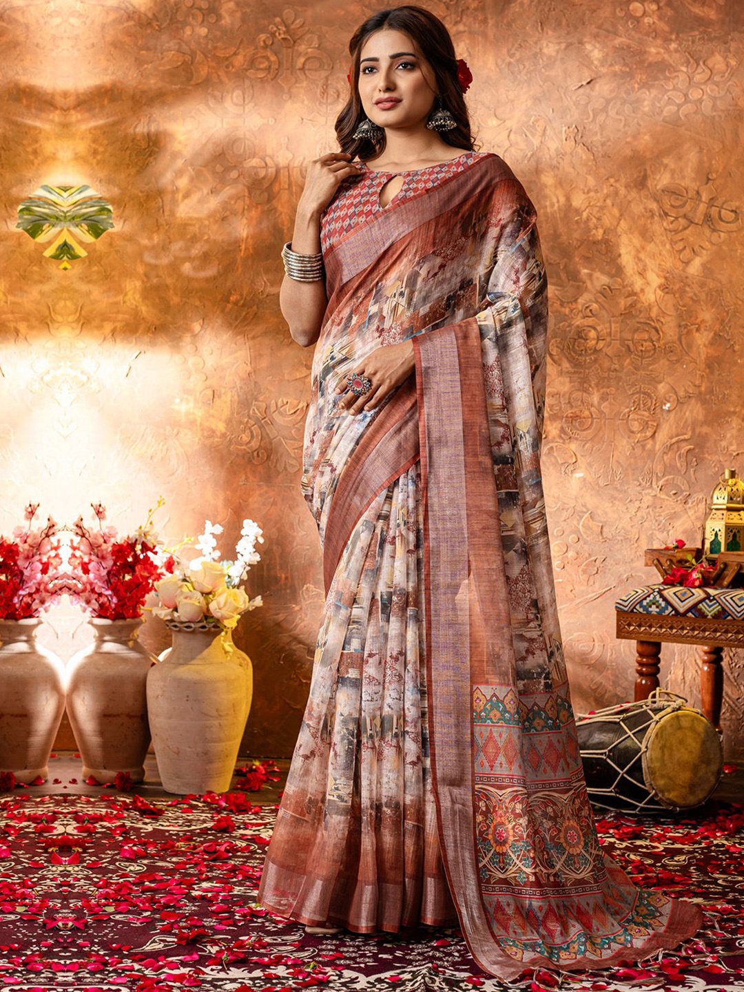 

Saree mall Zari Linen Blend Block Print Sarees, Brown