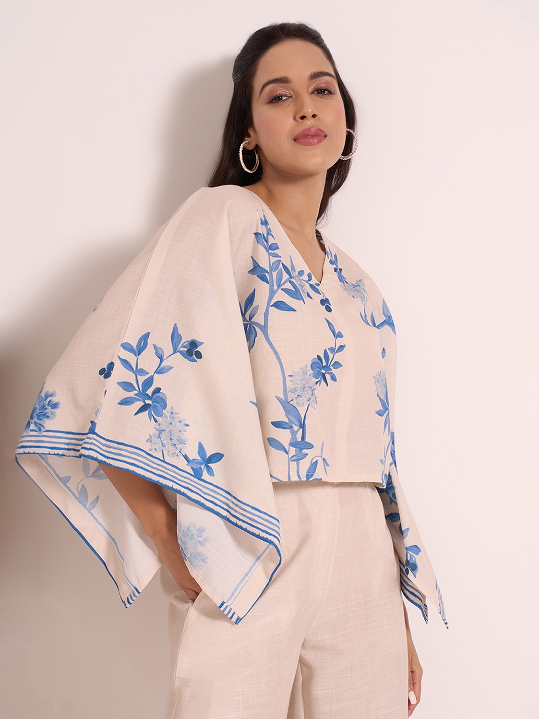 

AKKRITI BY PANTALOONS Floral Print Flared Sleeve Kaftan Top, Blue
