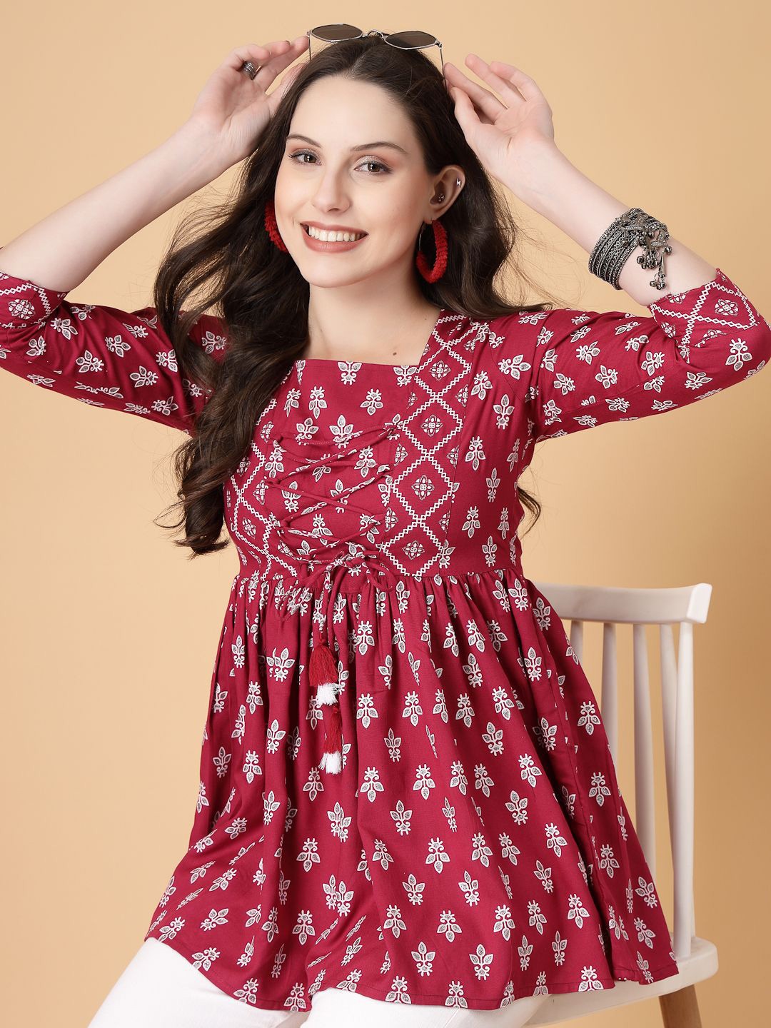 

God Bless Floral Print Lace Peplum Top, Multi