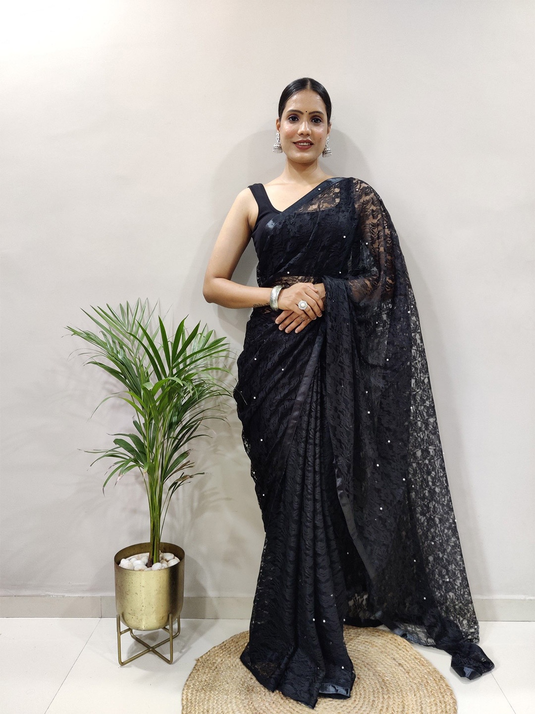

Rangtulika Ethnics Floral Beads and Stones Net Saree, Black